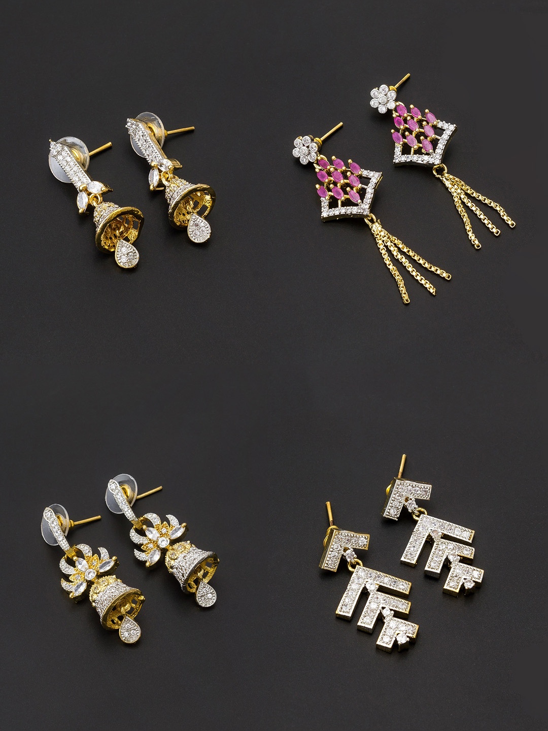 

aadita Women Pack Of 4 White & Pink Contemporary Gold Plated Drop Earrings