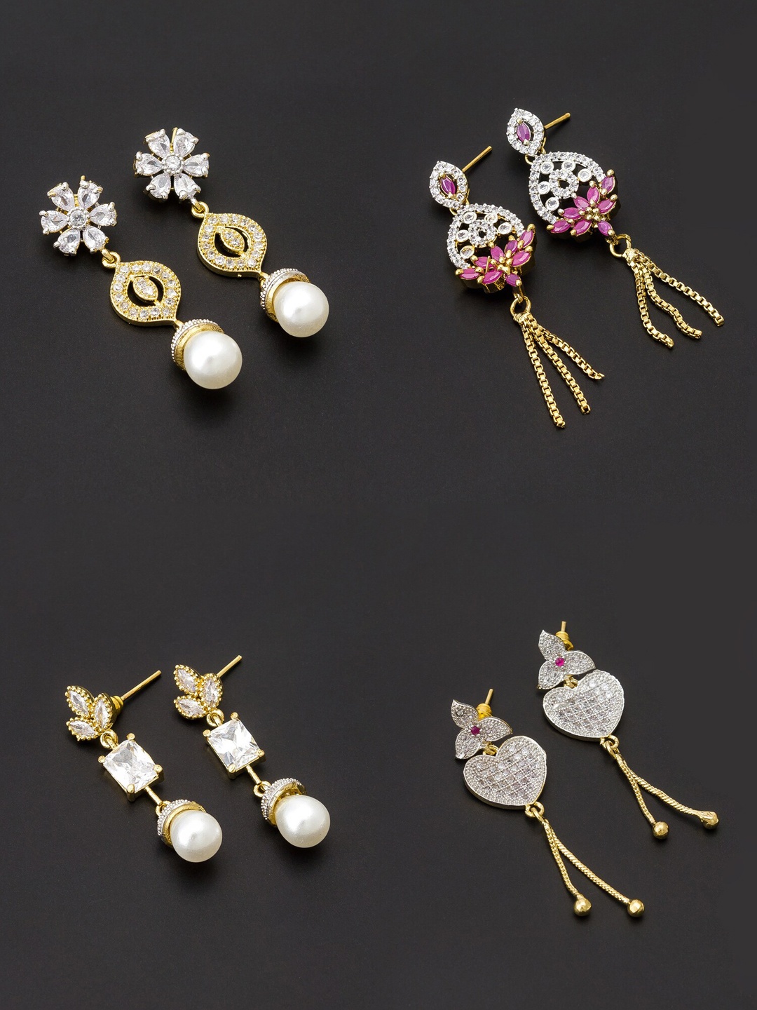 

aadita Women Pack Of 4 White & Pink Contemporary Drop Earrings