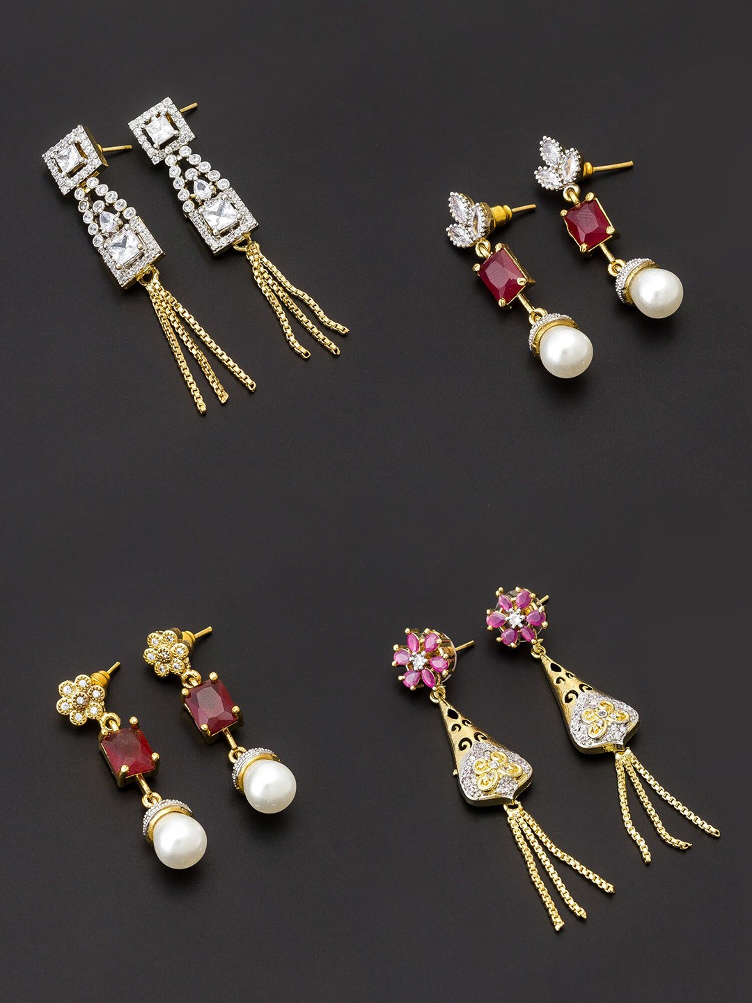 

aadita Women Pack Of 4 White & Maroon Contemporary Drop Earrings