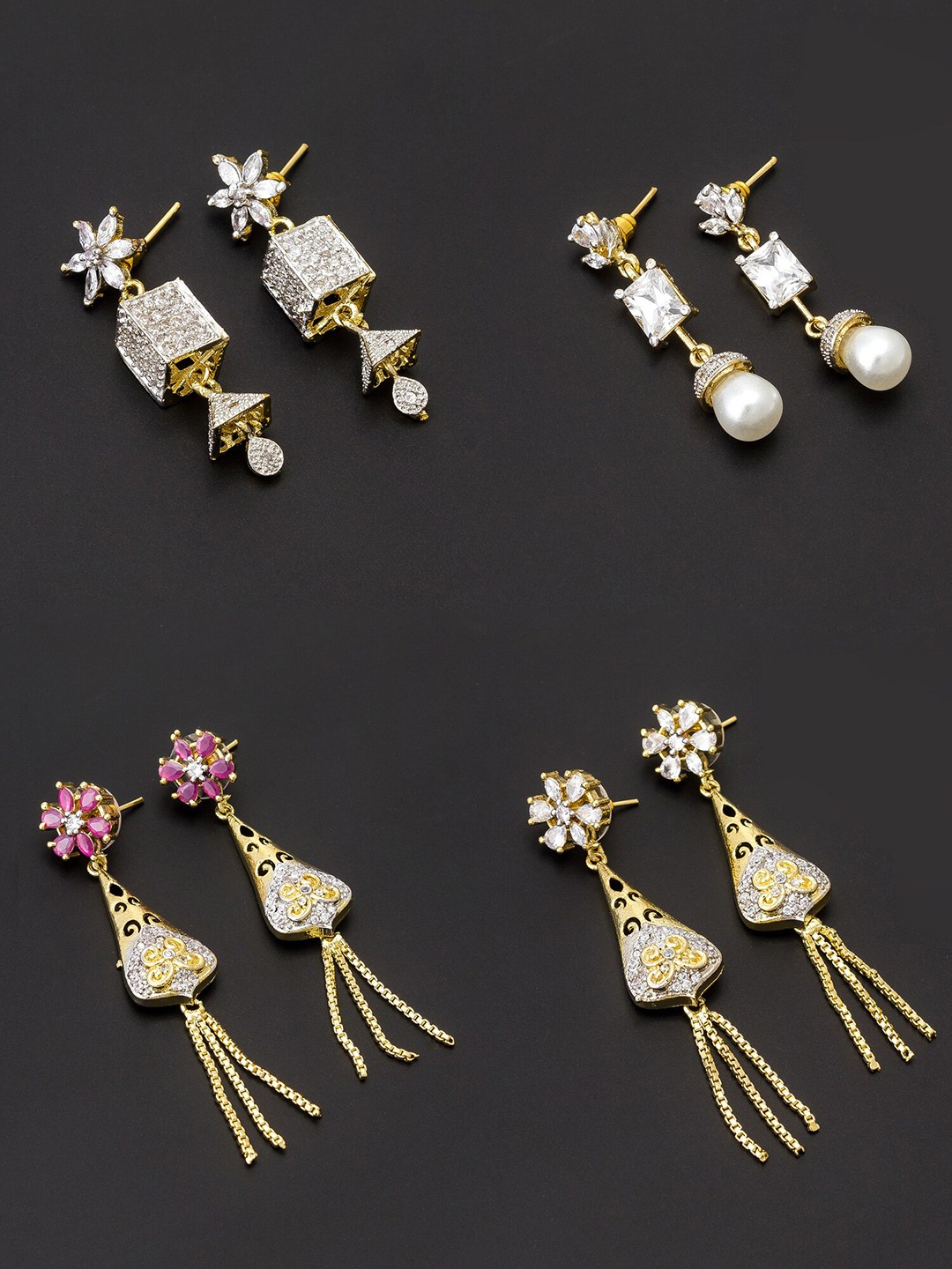 

aadita Women Pack Of 4 White & Pink Contemporary Gold Plated Drop Earrings