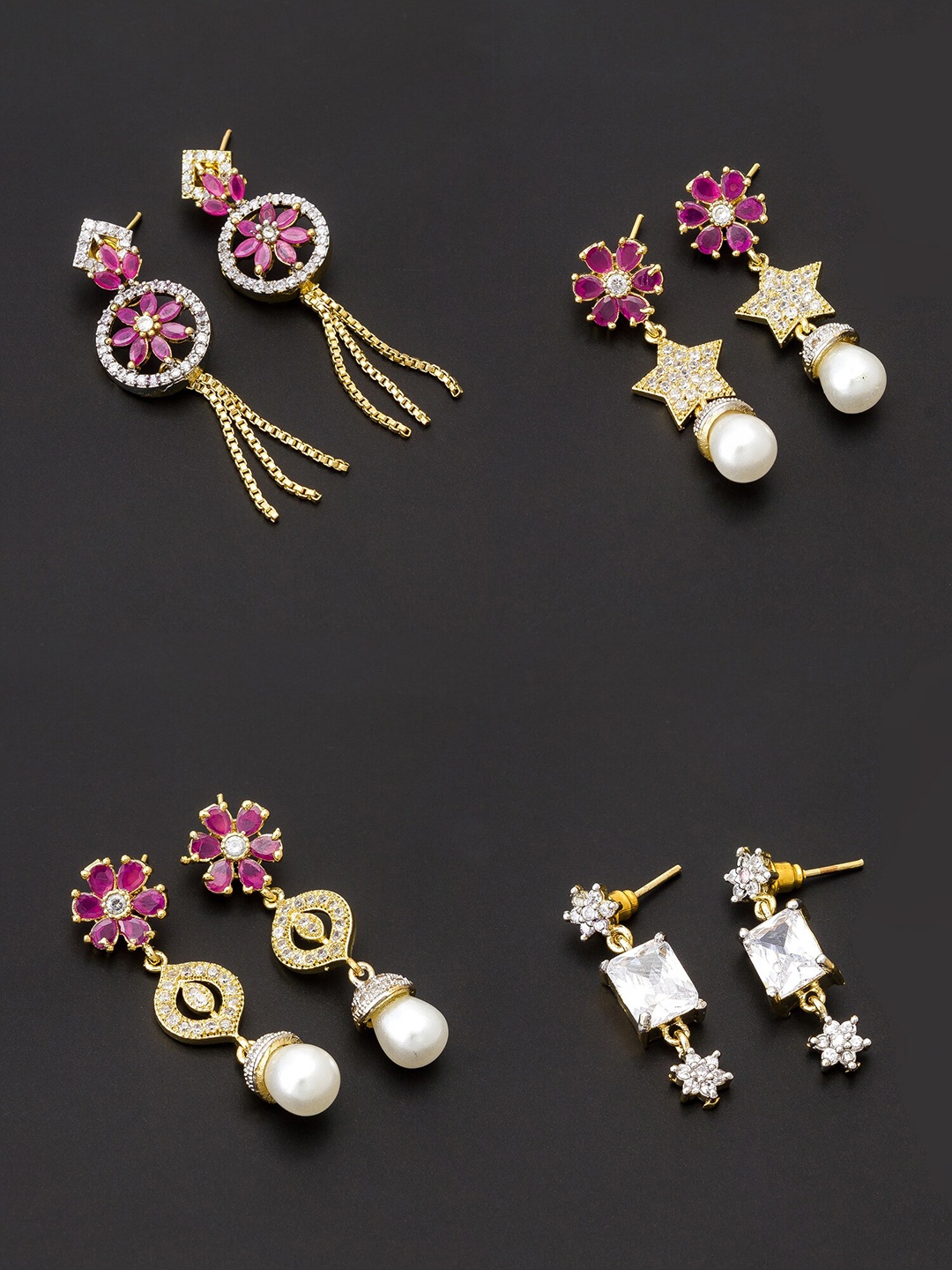 

aadita Women Pack Of 4 White & Pink Contemporary Drop Earrings