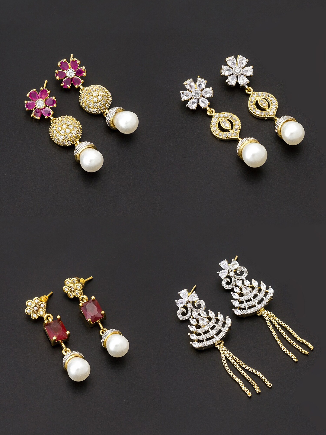 

aadita Women Pack Of 4 White & Pink Contemporary Drop Earrings