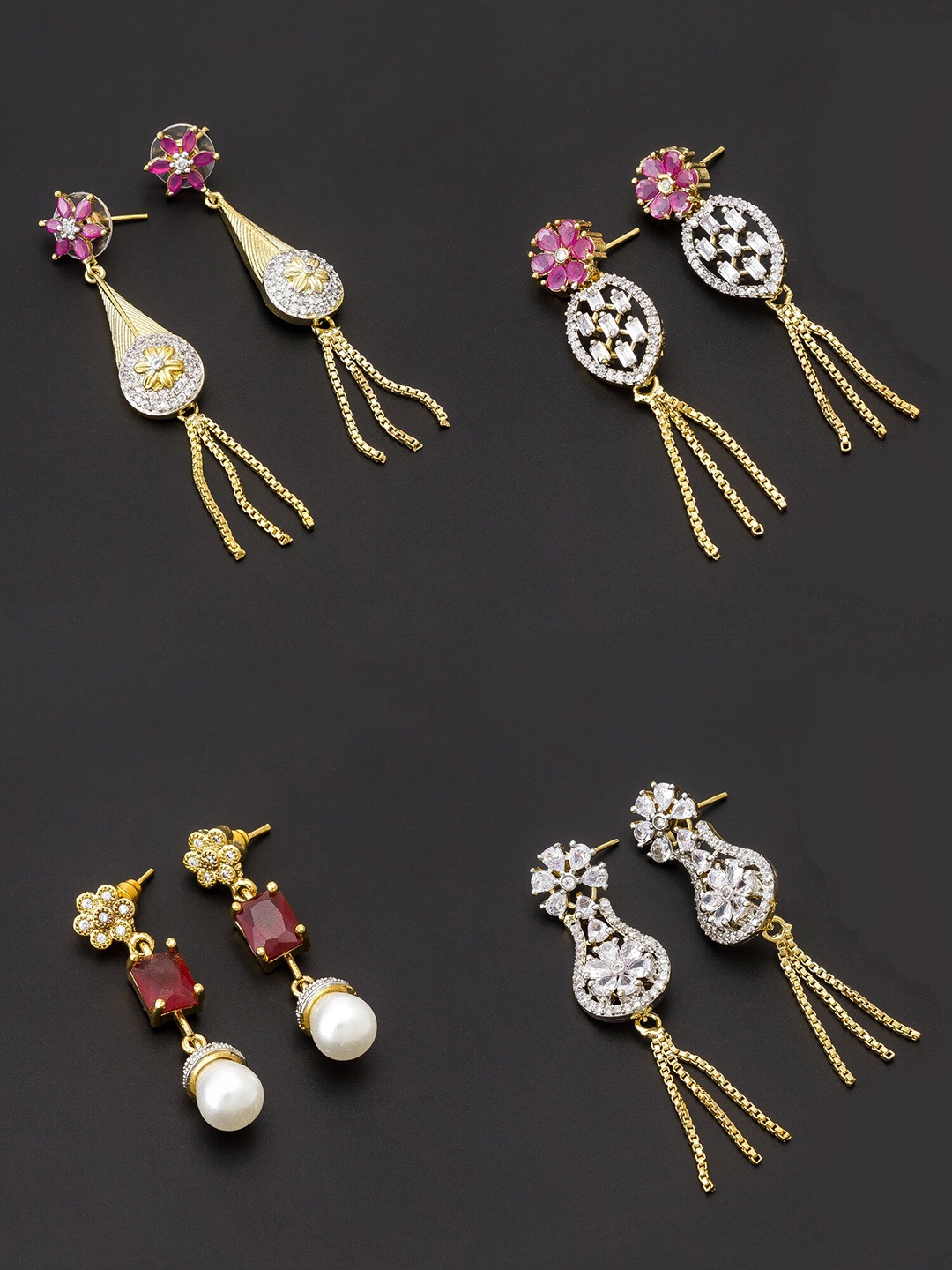 

aadita Women Pack Of 4 White & Pink Contemporary Gold Plated Drop Earrings