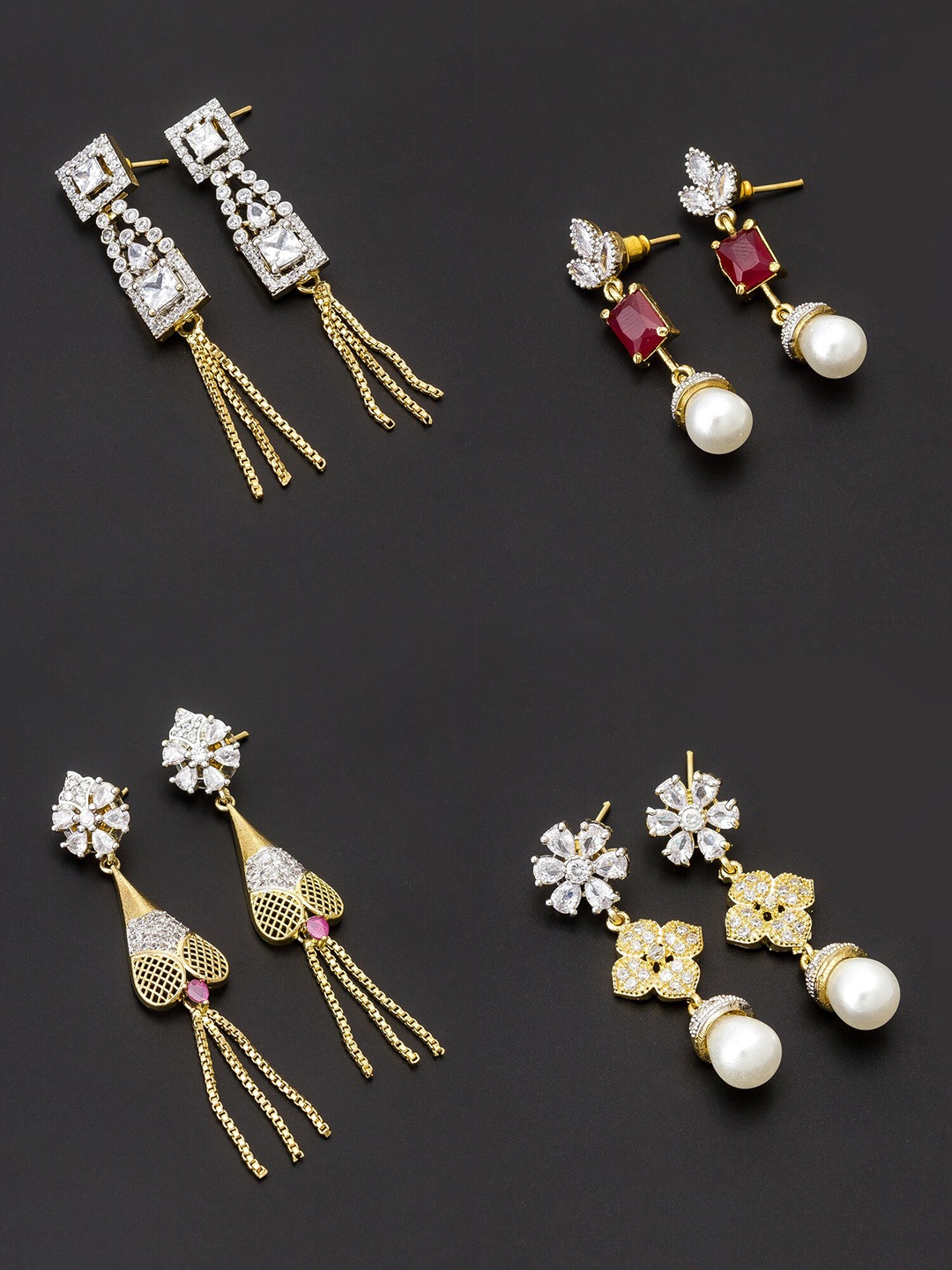 

aadita Women Pack Of 4 White & Maroon Contemporary Drop Earrings