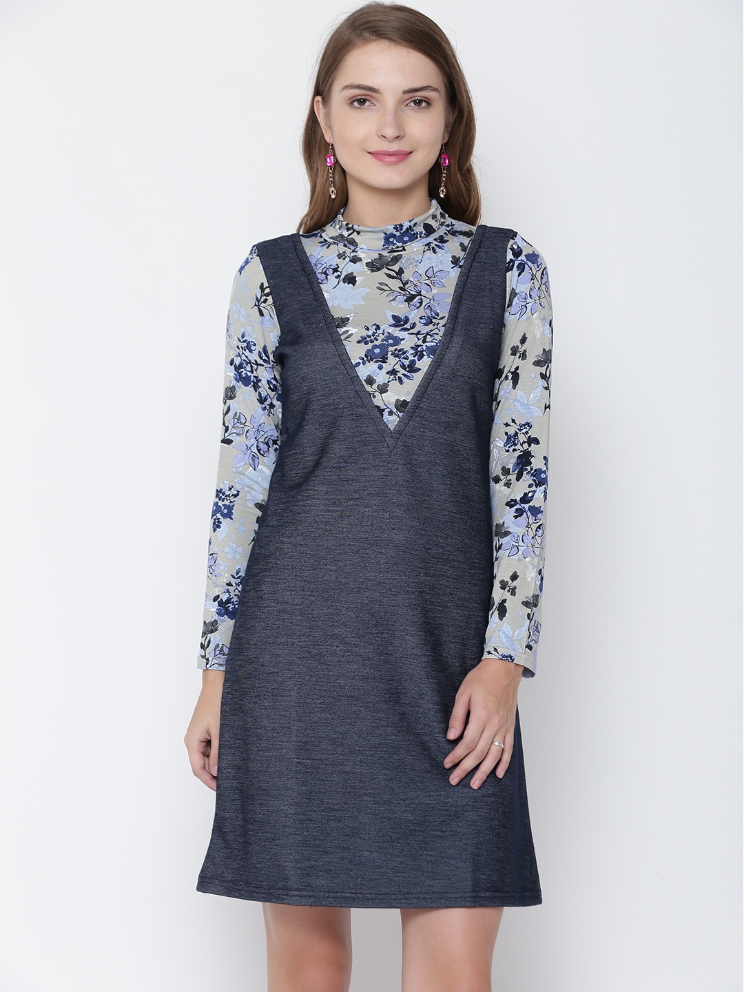 

AND Women Navy & Olive Printed A-Line Dress, Navy blue