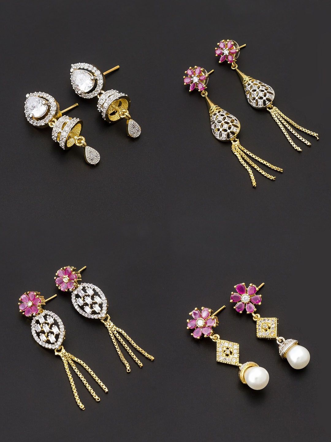 aadita Women Pack Of 4 White & Pink Contemporary Drop Earrings