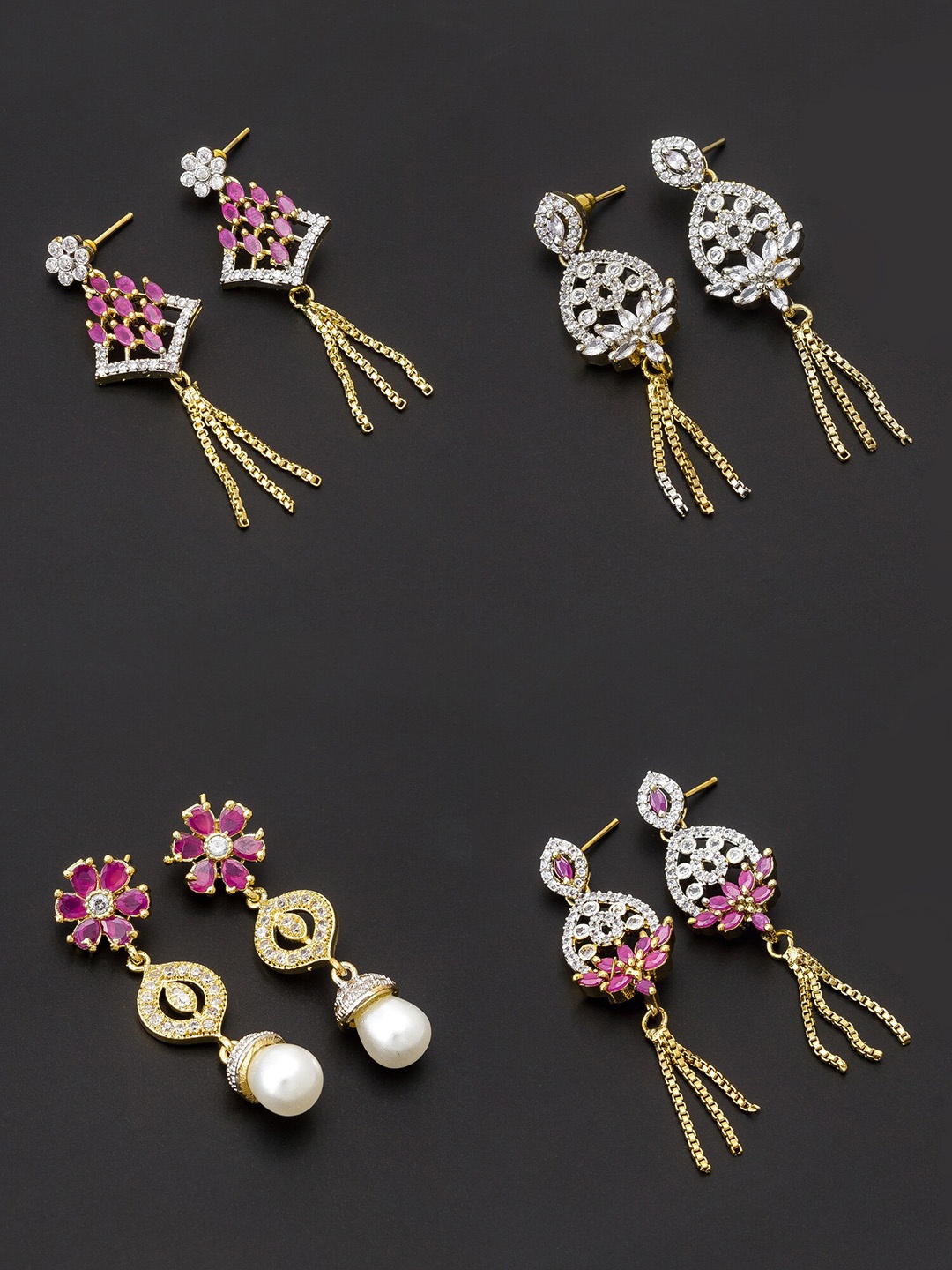 

aadita Women Pack Of 4 White & Pink Contemporary Drop Earrings