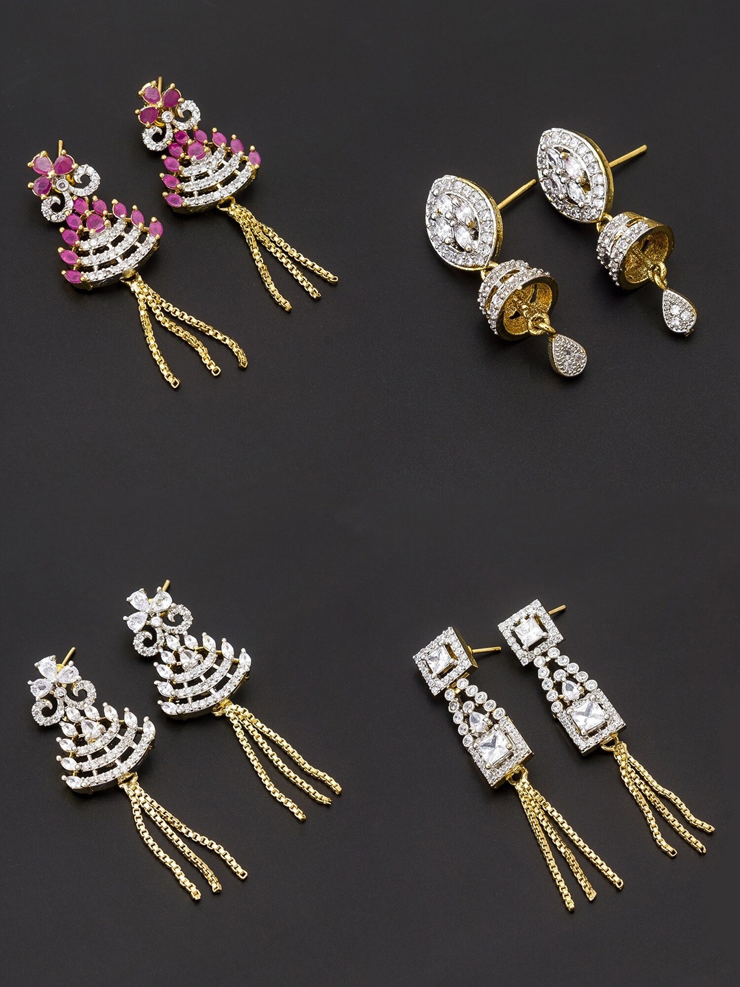 

aadita Women Pack Of 4 White & Pink Contemporary Gold Plated Drop Earrings