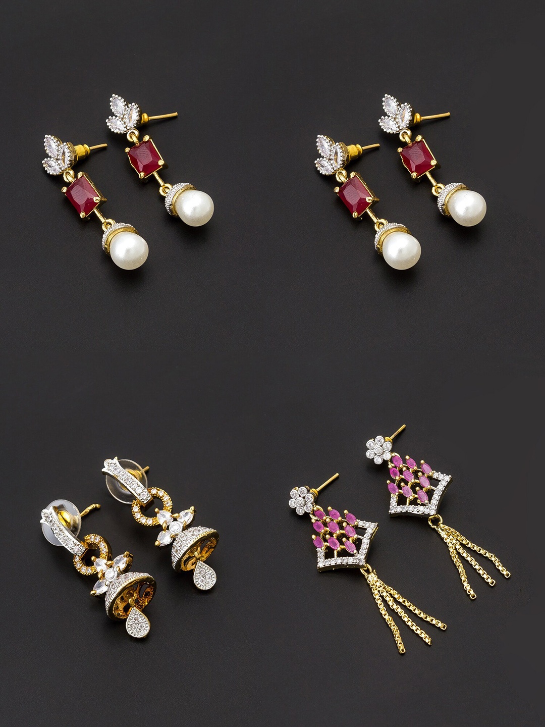 

aadita Women Pack Of 4 White & Maroon Contemporary Drop Earrings