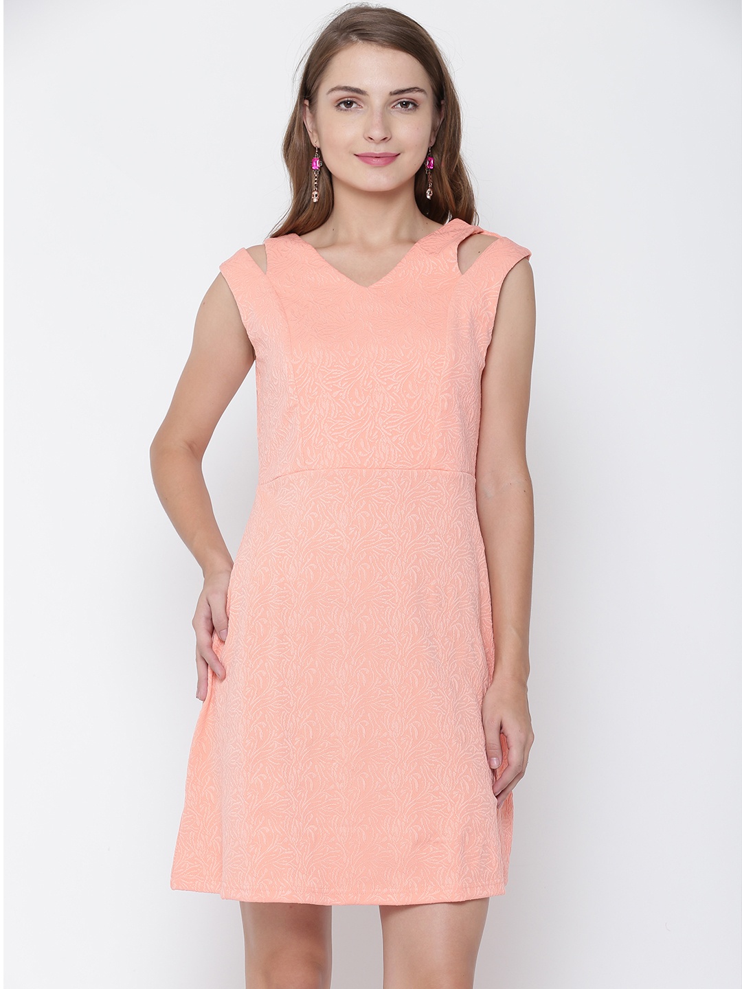 

AND Women Coral Orange Self-Design A-Line Dress