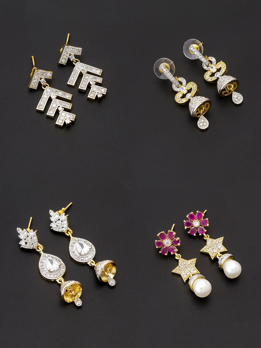 

aadita White & Gold-Plated Set of 4 Contemporary Drop Earrings