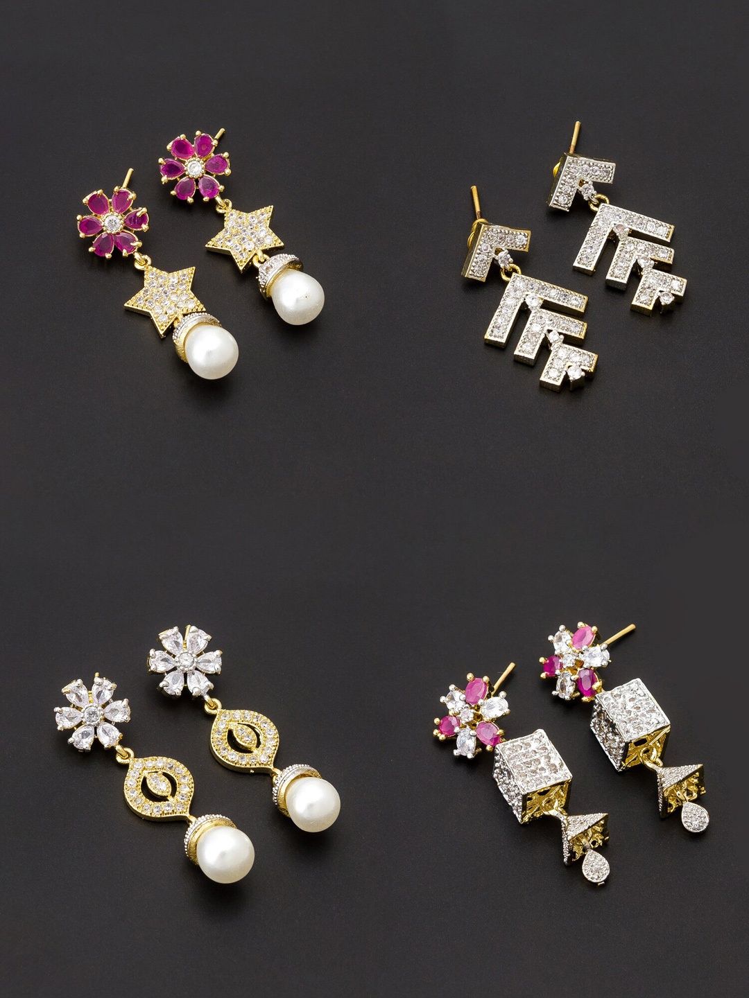 

aadita White & Gold-Plated Set of 4 Contemporary Drop Earrings