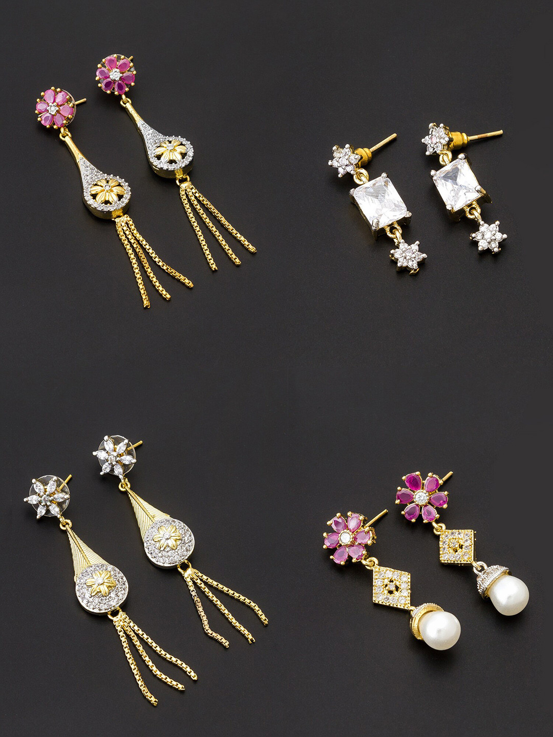 

aadita Set Of 4 White & Pink Gold-Plated Contemporary Drop Earrings