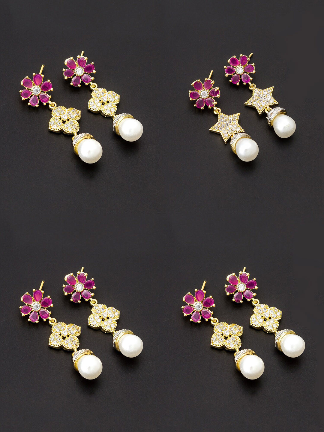 

aadita Pink & Gold-Plated Set of 4 Contemporary Drop Earrings