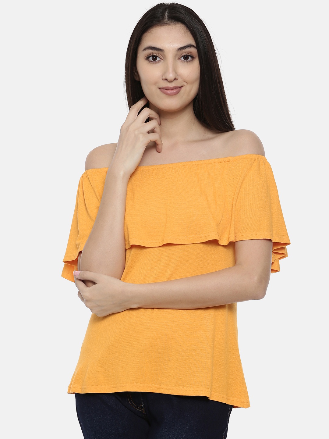 

AND Women Orange Solid Bardot Top
