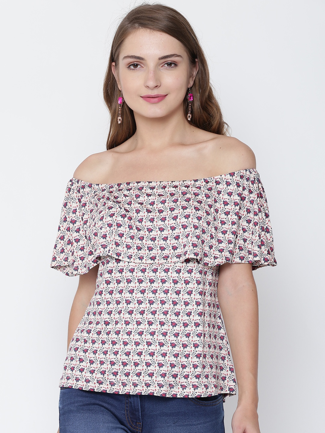 

AND Women Off-White & Pink Printed Layered Bardot Top