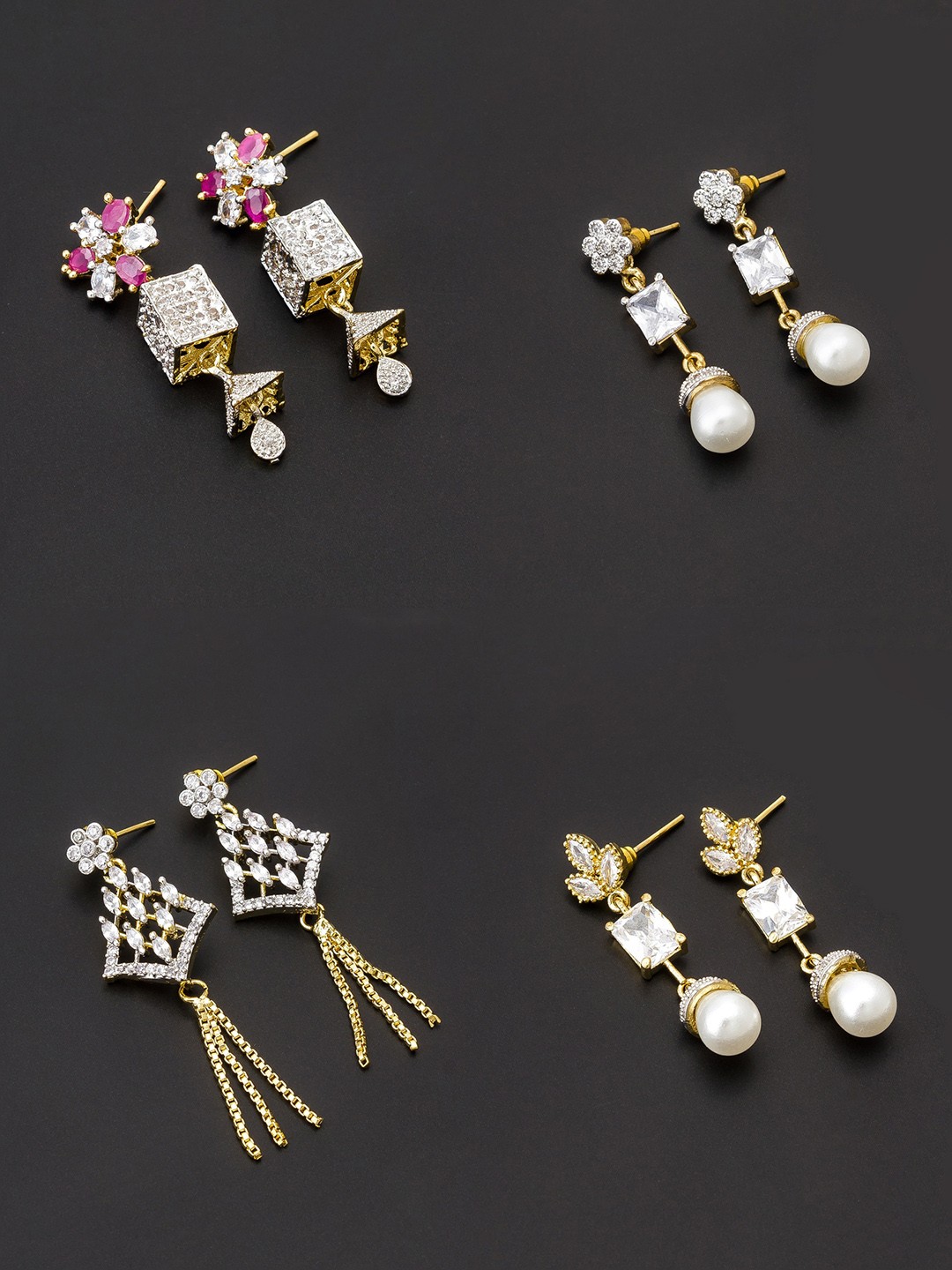 

aadita White & Gold-Plated Set of 4 Contemporary Drop Earrings
