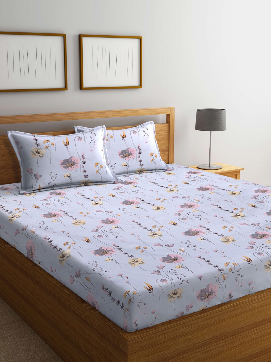 

KLOTTHE Grey & Pink Floral 300 TC Super King Double Bedsheet With 2 Pillow Covers