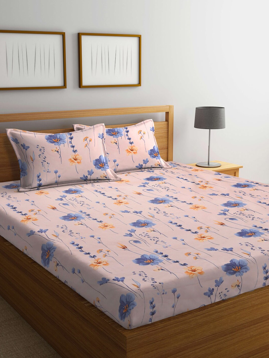 

KLOTTHE Pink & Blue Floral 300 TC King Bedsheet with 2 Pillow Covers