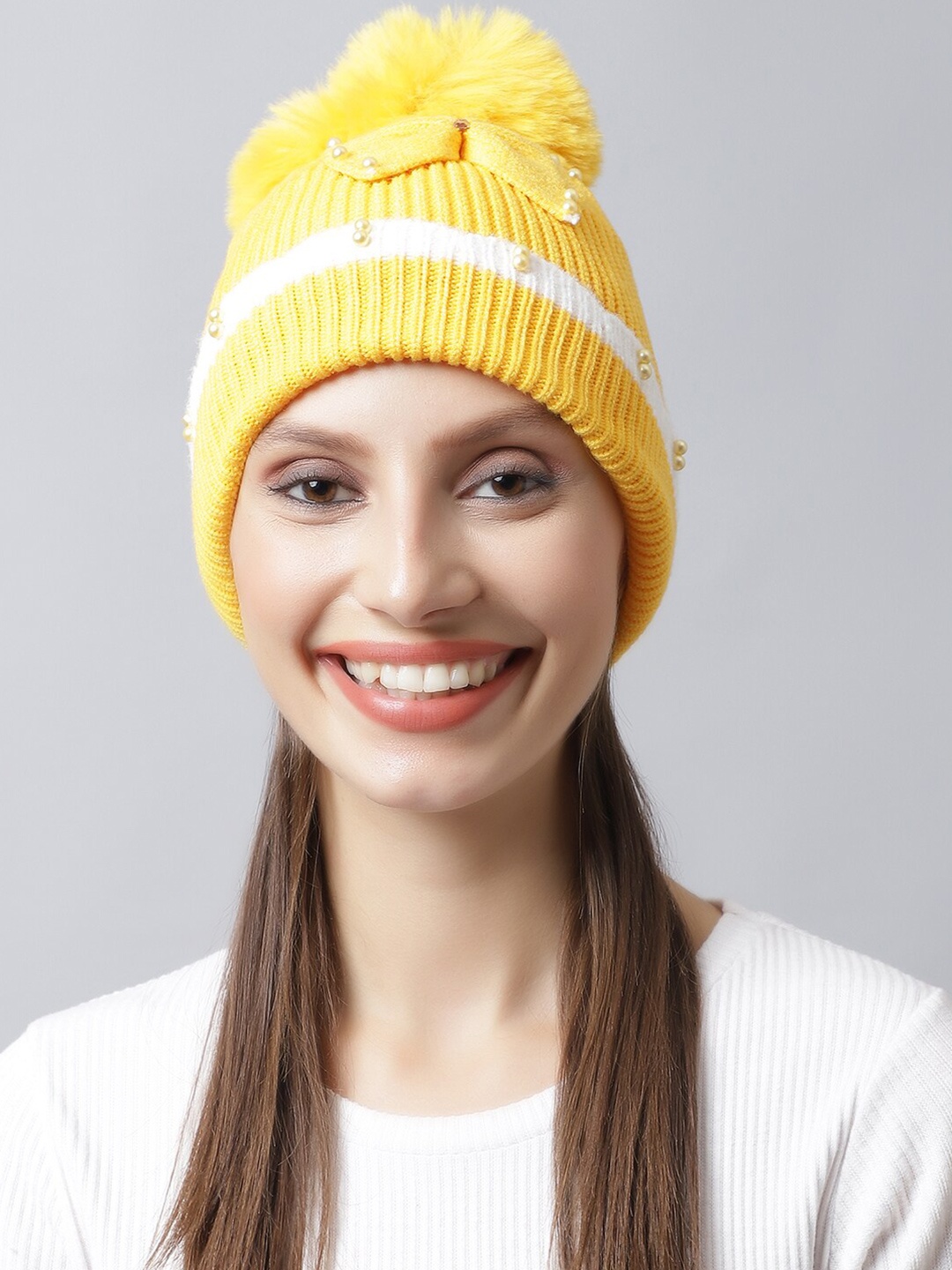 

LOOM LEGACY Women Yellow & White Embellished Acrylic Beanie