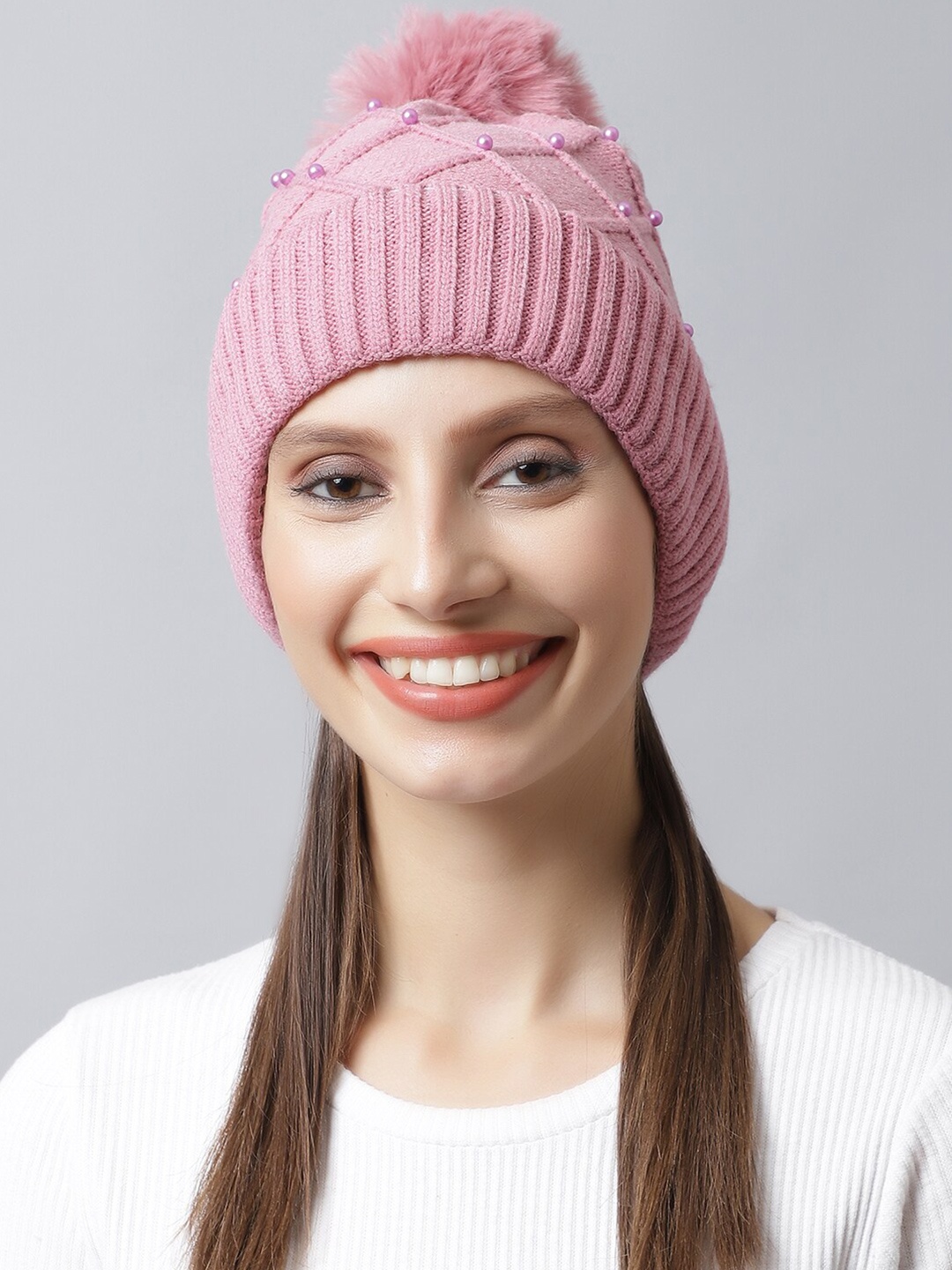 

LOOM LEGACY Women Pink Embellished Acrylic Beanie