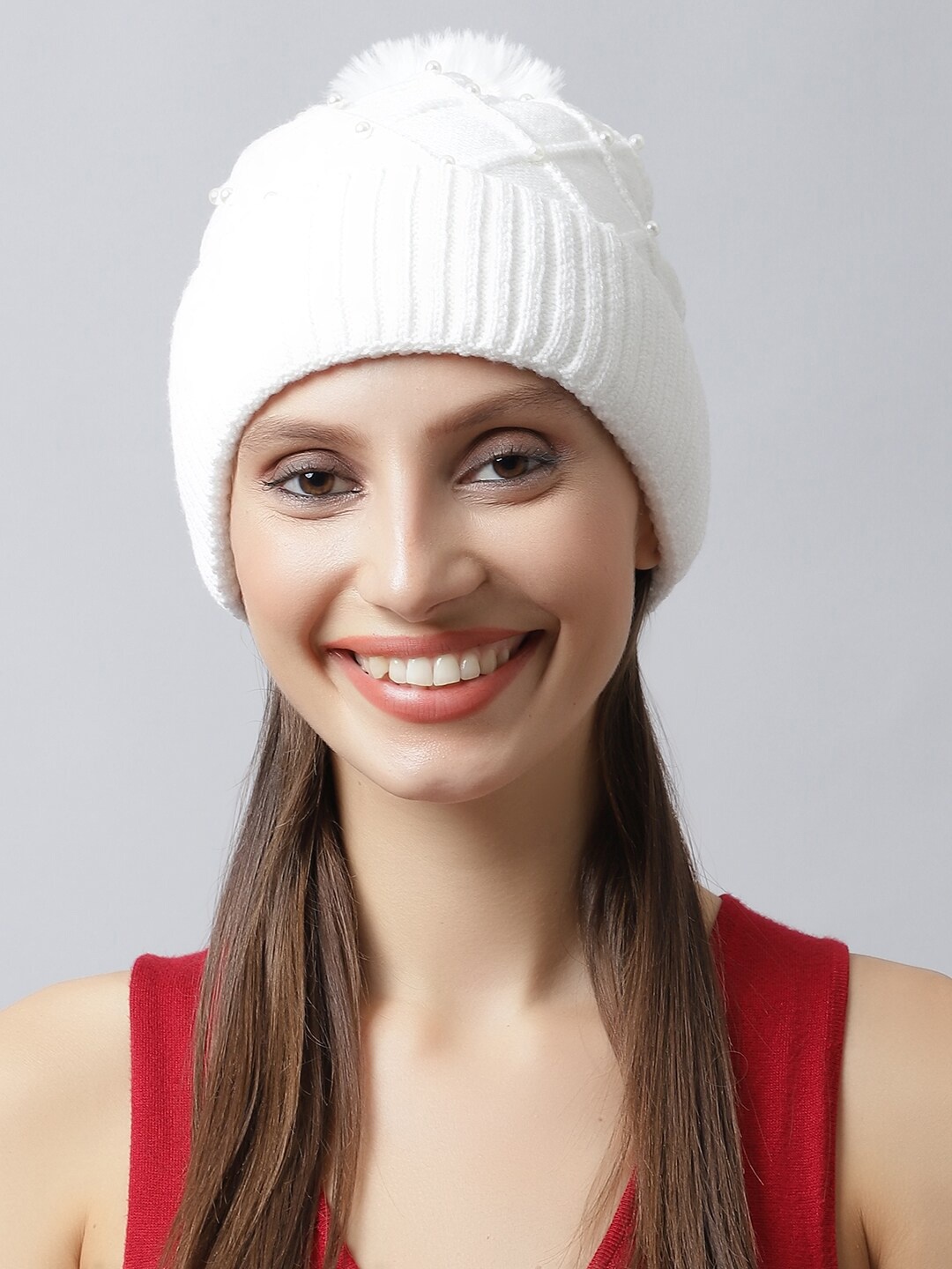 

LOOM LEGACY Women White Embellished Acrylic Beanie