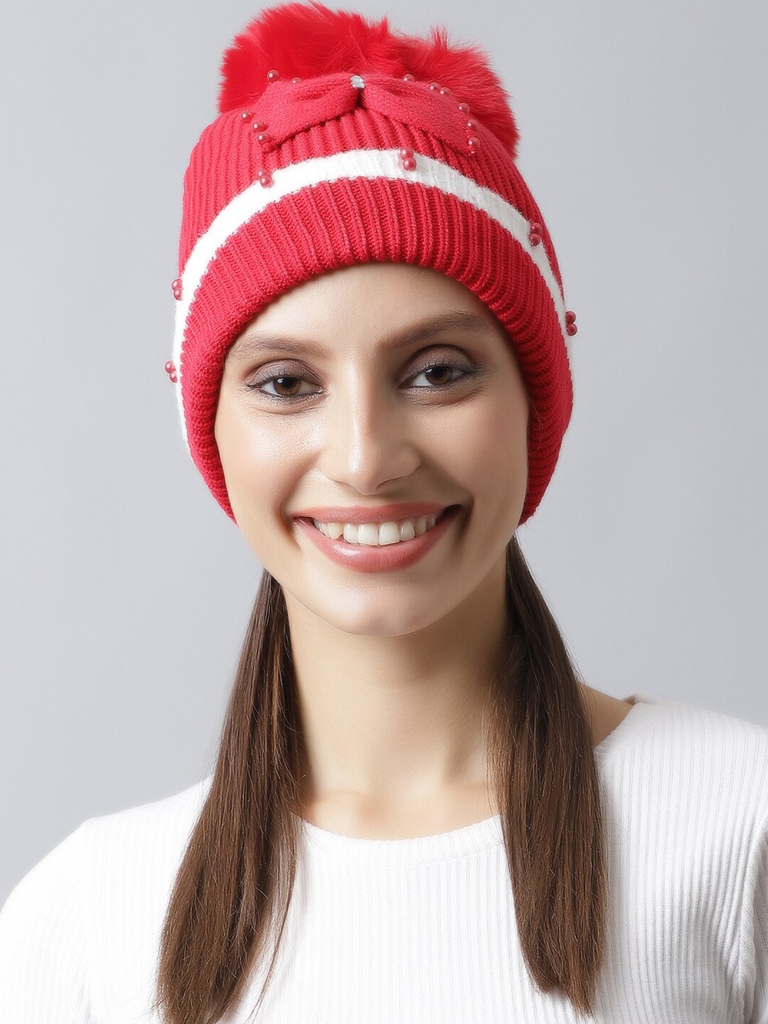 

LOOM LEGACY Women Red & White Embellished Acrylic Beanie