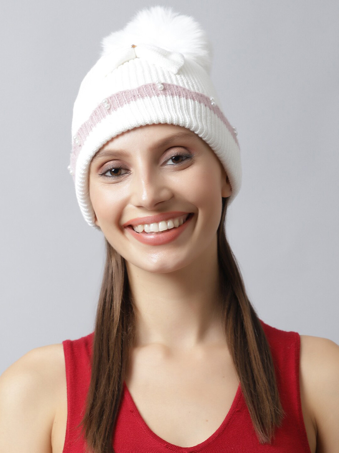 

LOOM LEGACY Women White & Pink Embellished Acrylic Beanie
