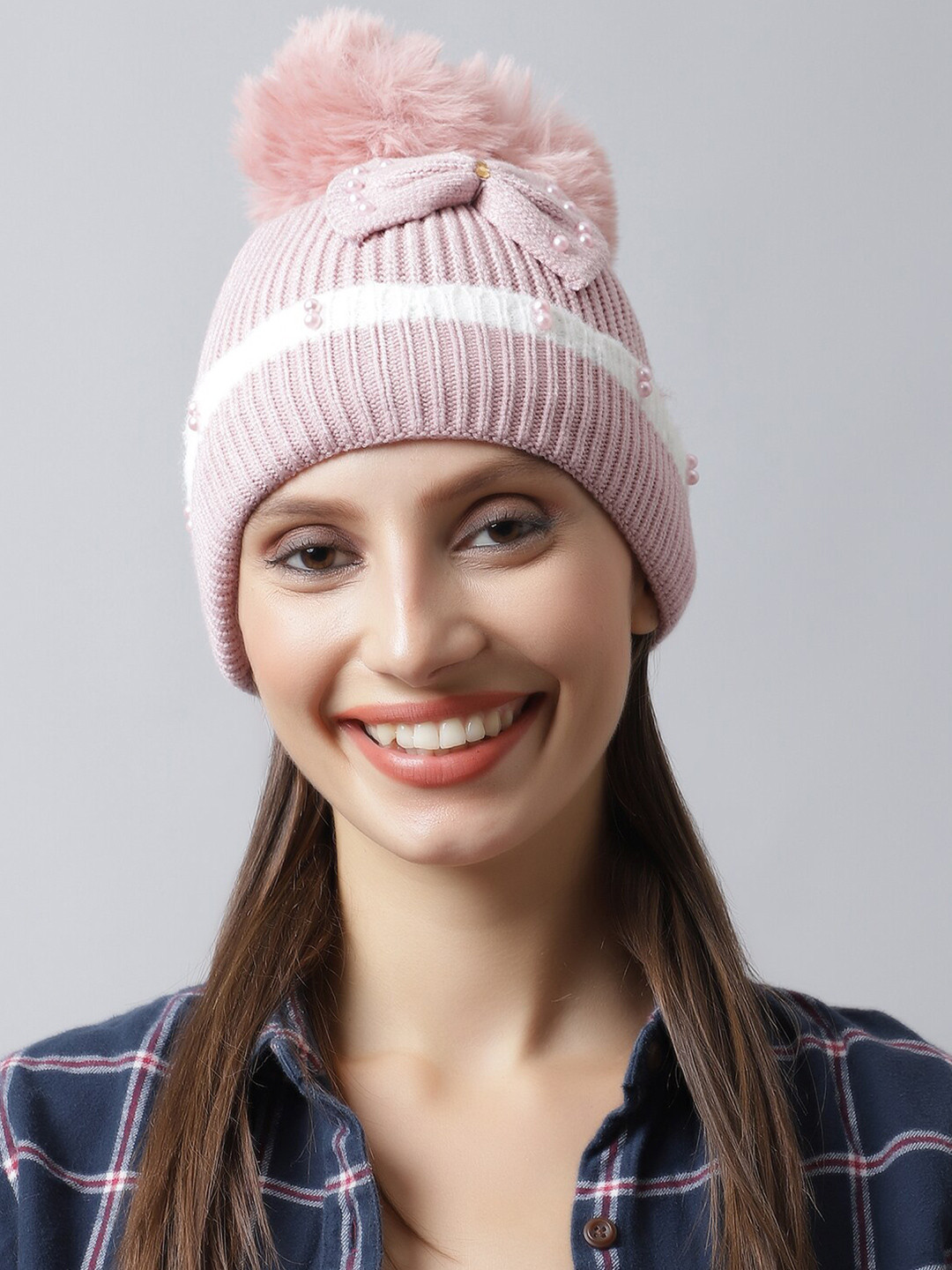 

LOOM LEGACY Women Mauve & White Embellished Acrylic Beanie