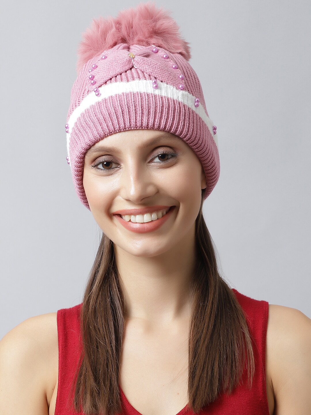 

LOOM LEGACY Women Pink & White Embellished Acrylic Beanie