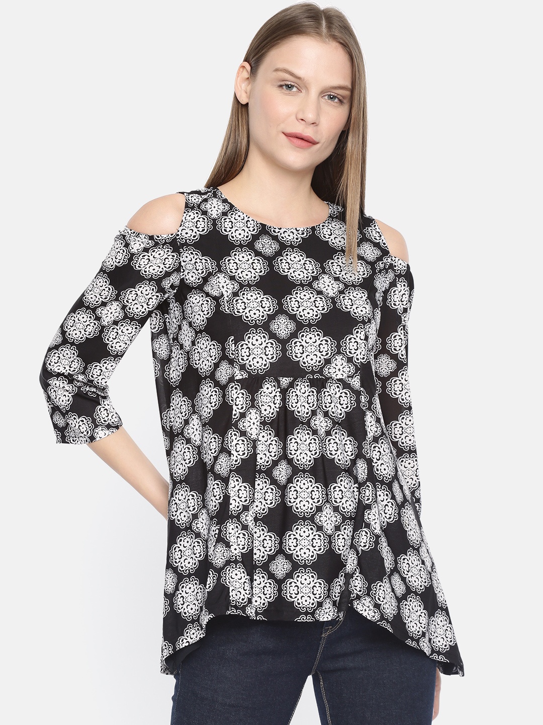 

AND Women Black & White Printed A-Line Top