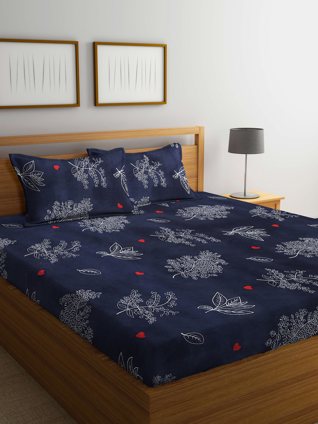 

KLOTTHE Navy Blue & White Floral 300 TC Super King Double Bedsheet With 2 Pillow Covers