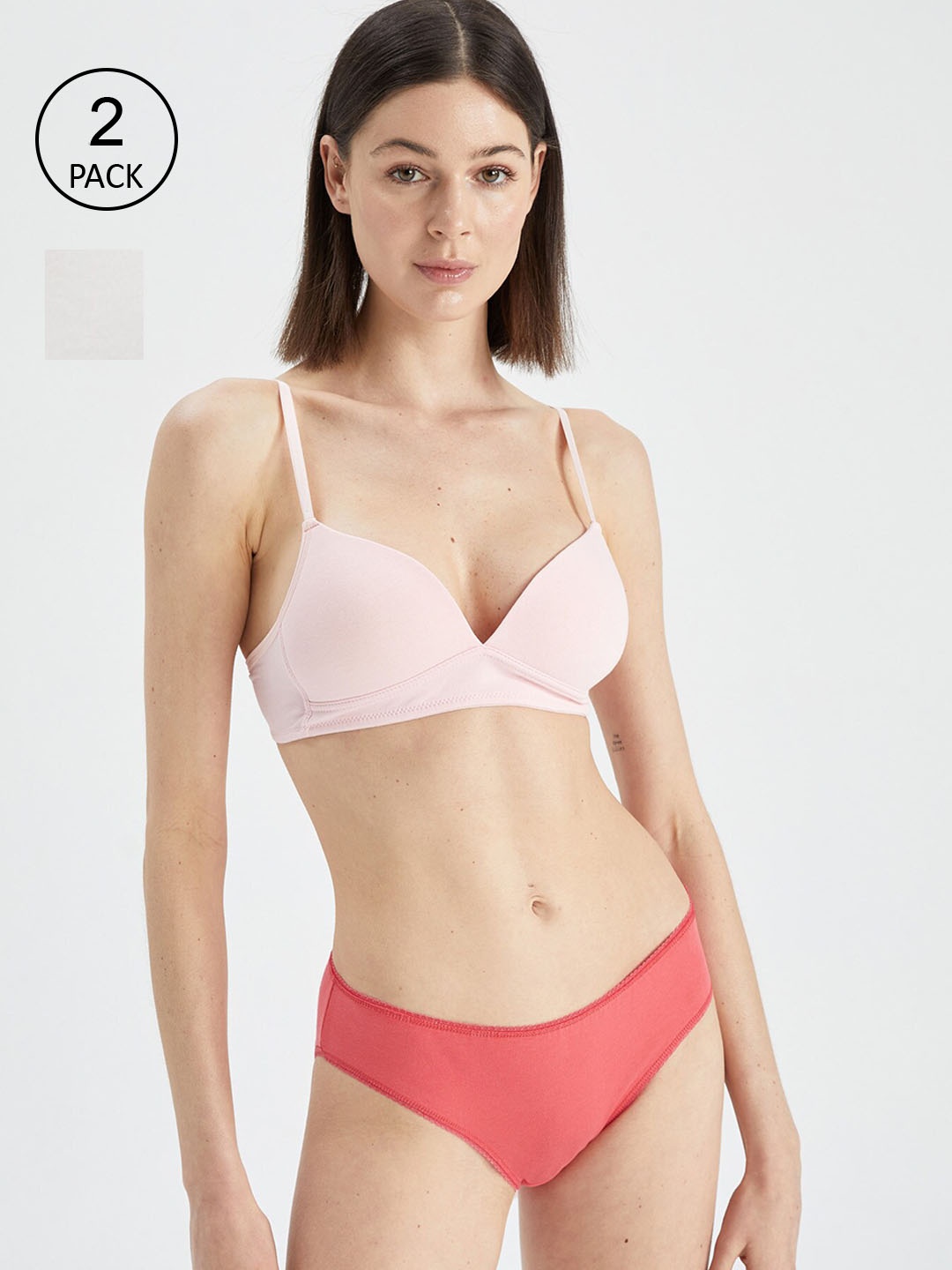 

DeFacto Women Pack Of 2 Peach & Cream Coloured Solid Basic Brief