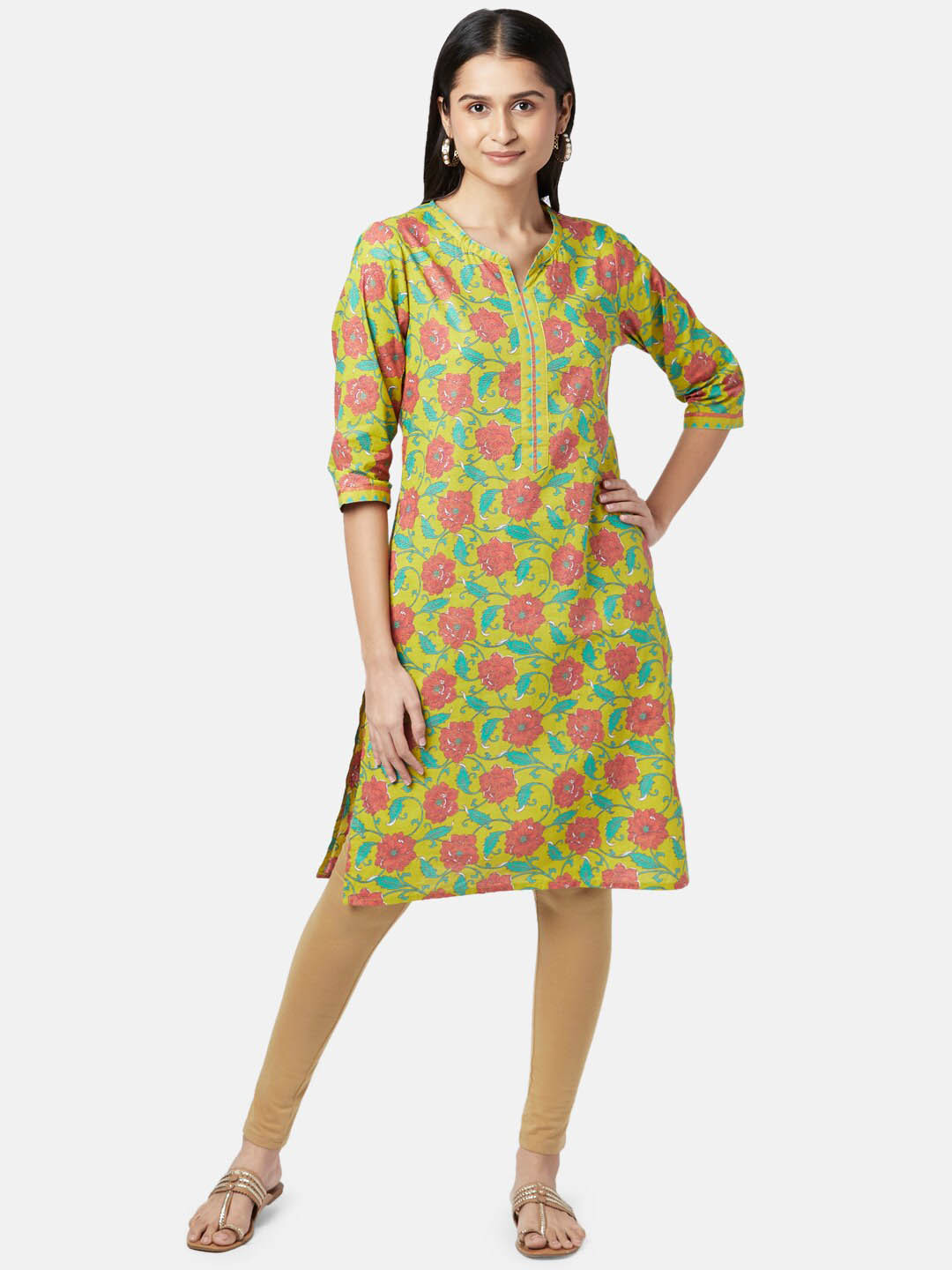

RANGMANCH BY PANTALOONS Women Green & Red Floral Printed Cotton Kurta