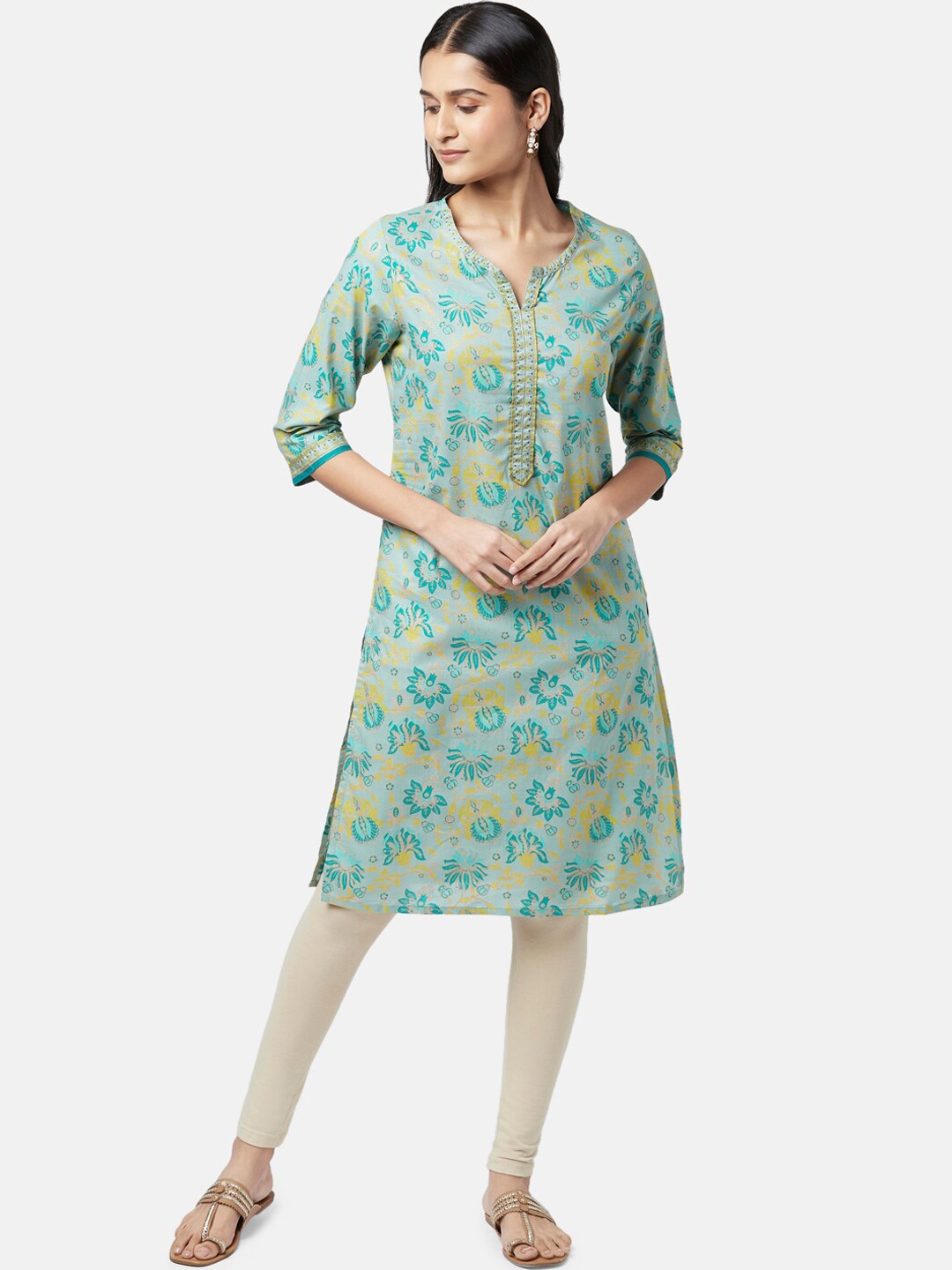 

RANGMANCH BY PANTALOONS Floral Printed Cotton Kurta, Sea green