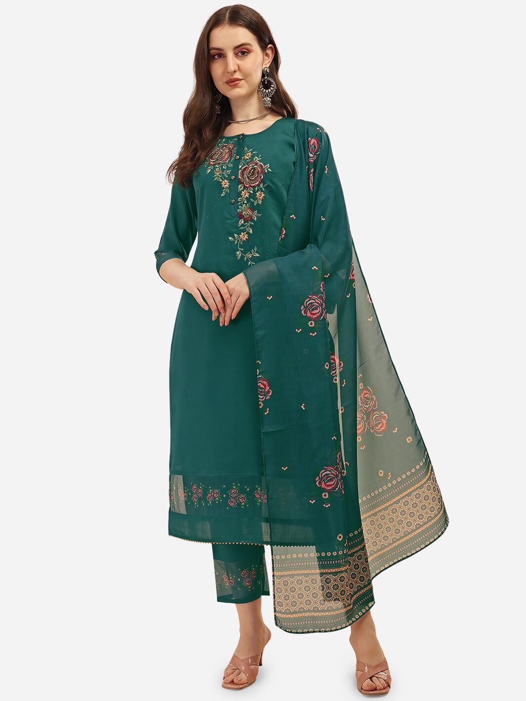 

Berrylicious Women Green Floral Embroidered Chanderi Cotton Kurta with Trousers & Dupatta