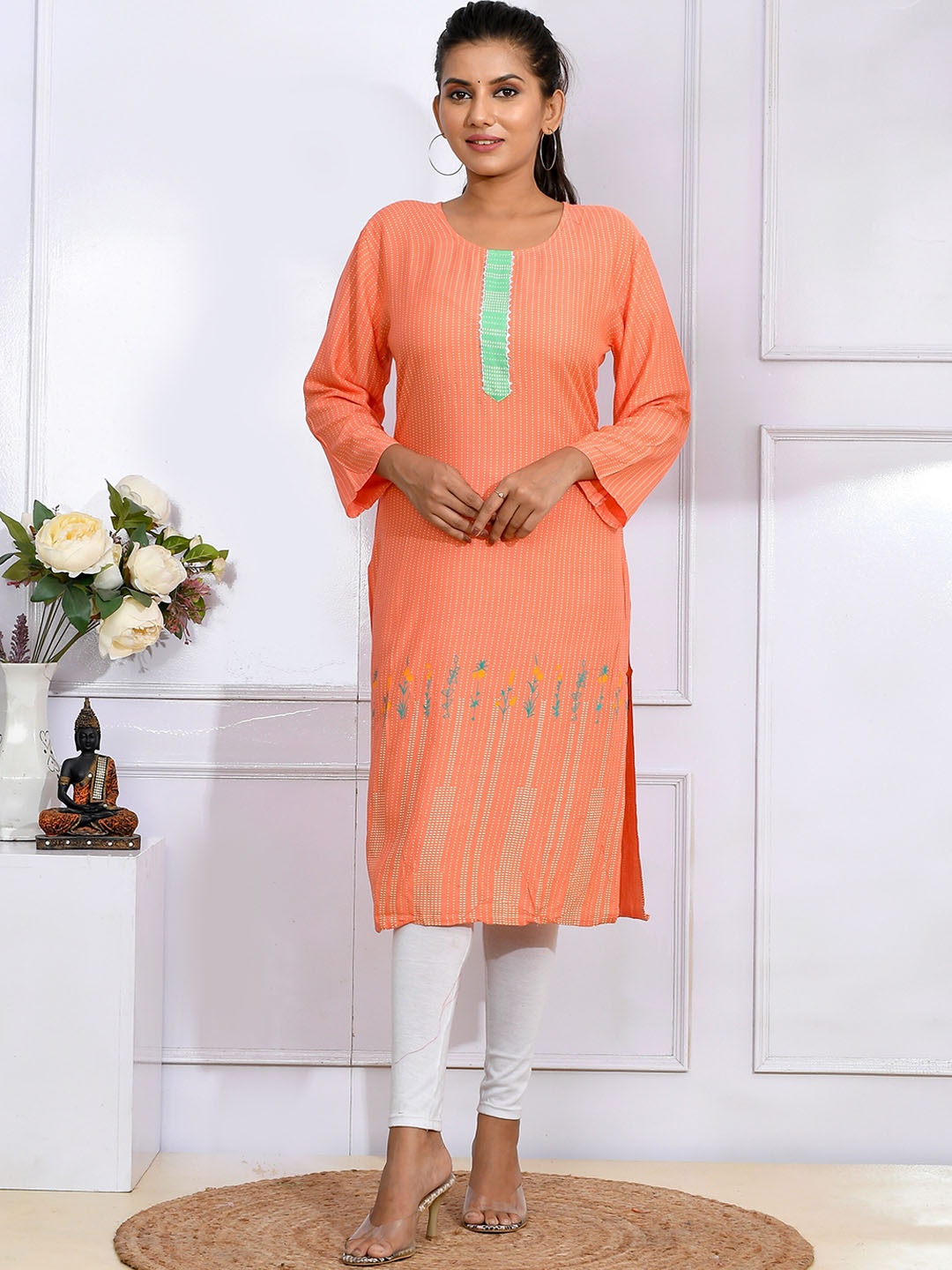

Kesarya Geometric Striped Pure Cotton Kurta, Peach