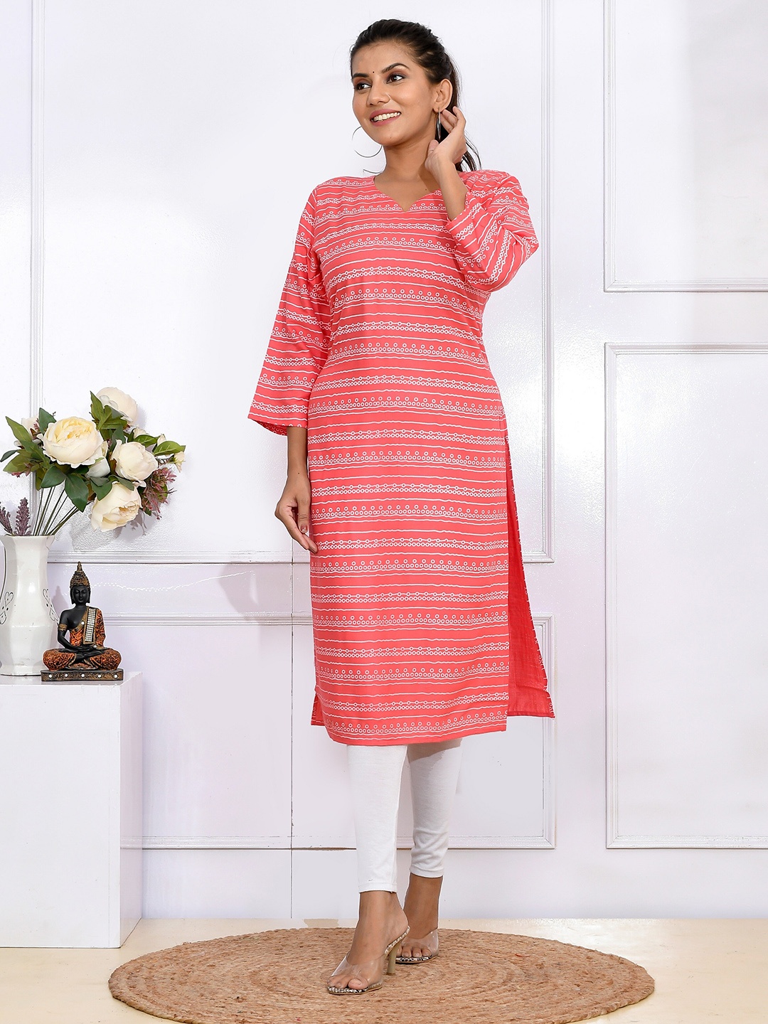 

Kesarya Geometric Striped Pure Cotton Kurta, Red