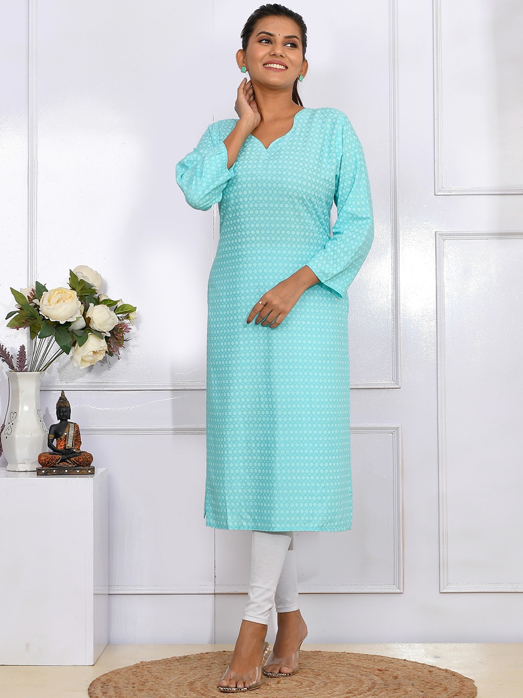 

Kesarya Geometric Printed Pure A-Line Regular Cotton Kurta, Turquoise blue