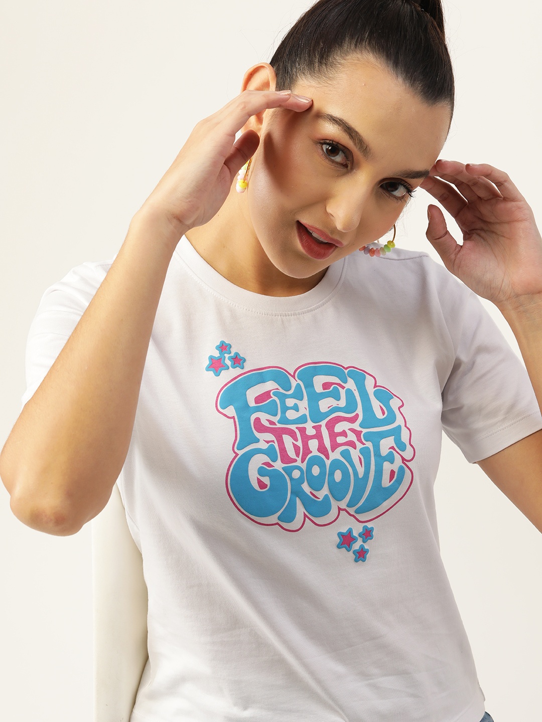 

DressBerry Women White & Blue Typography Printed T-shirt