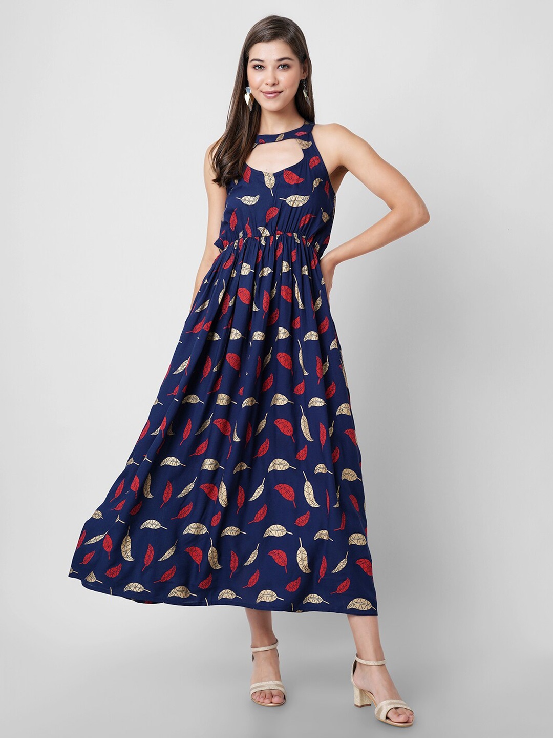 

PURSHOTTAM WALA Women Blue & Red Halter Neck Printed A-Line Maxi Dress