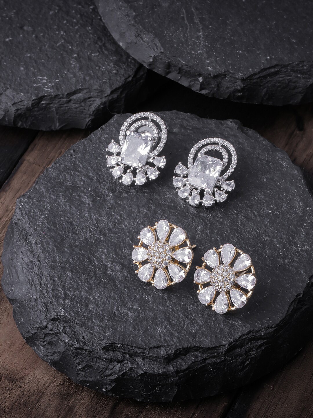 

Brandsoon Pack Of 2 White & Gold-Plated AD-Studded Floral Studs Earrings