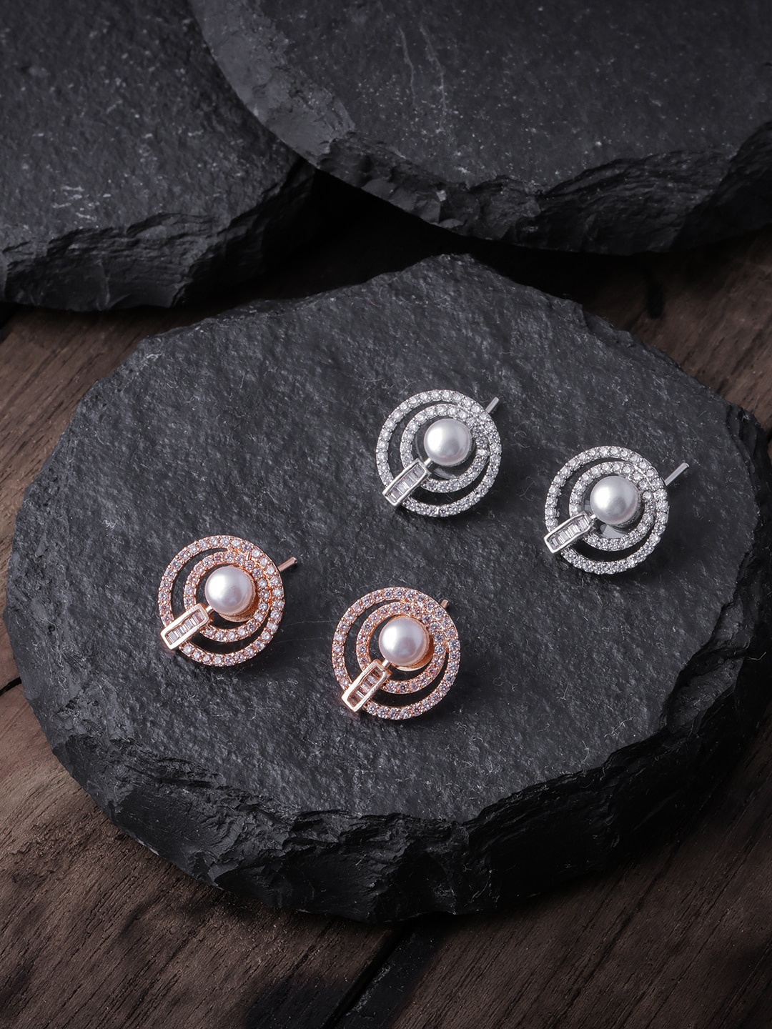 

Brandsoon Pack Of 2 White & Rose Gold-Plated AD-Studded Circular Studs Earrings