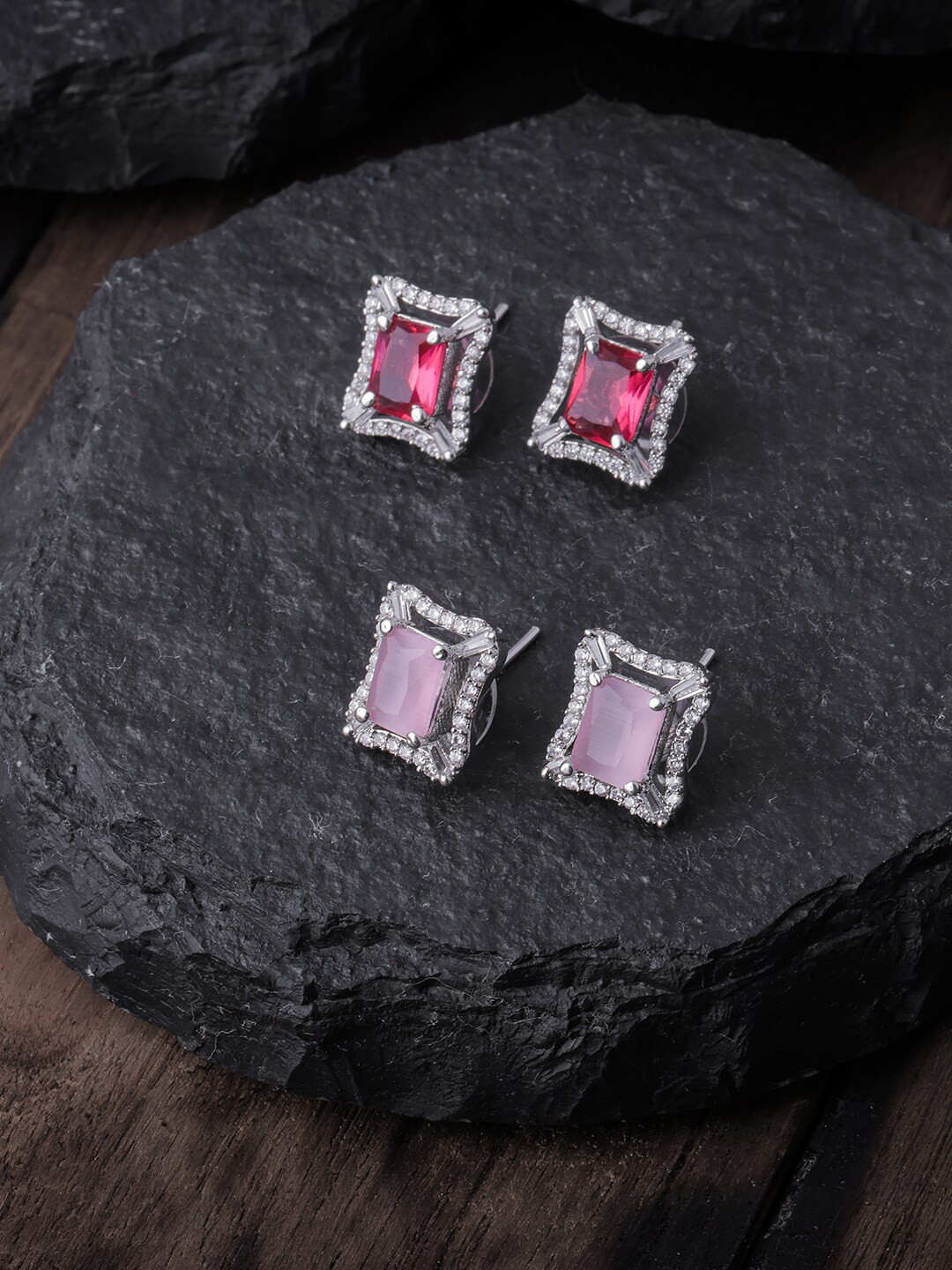 

Brandsoon Pack Of 2 Pink & Lavender Silver-Plated AD-Studded Square Studs Earrings