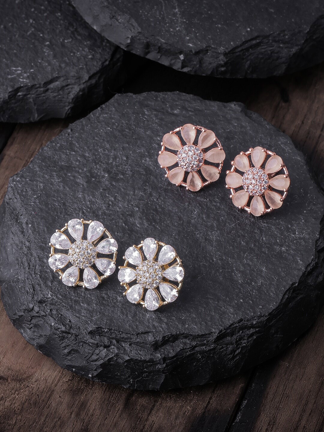 

Brandsoon Pack Of 2 Peach & White Gold-Plated AD-Studded Floral Studs Earrings