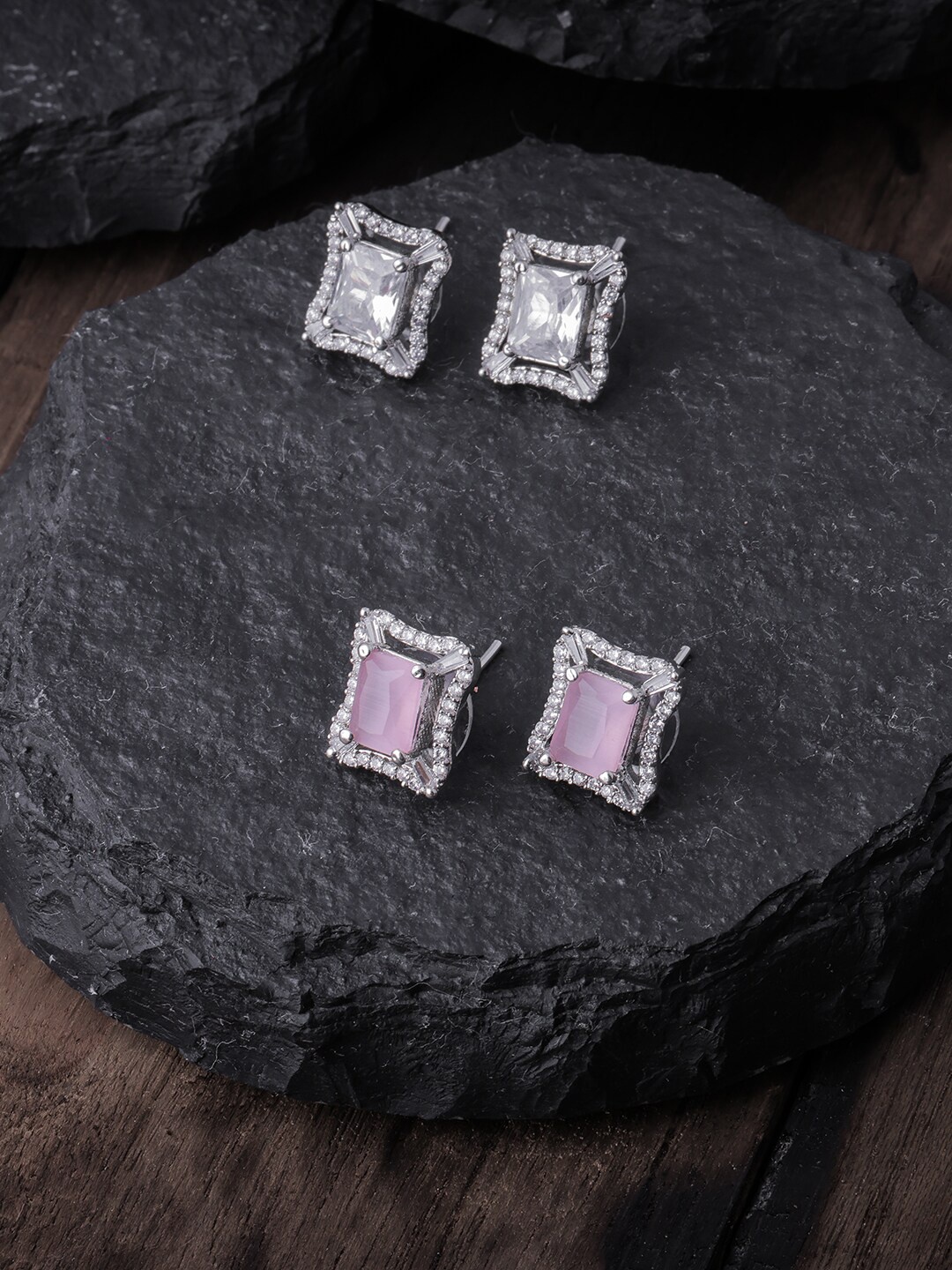 

Brandsoon Pack Of 2 White & Lavender Silver-Plated AD-Studded Square Studs Earrings