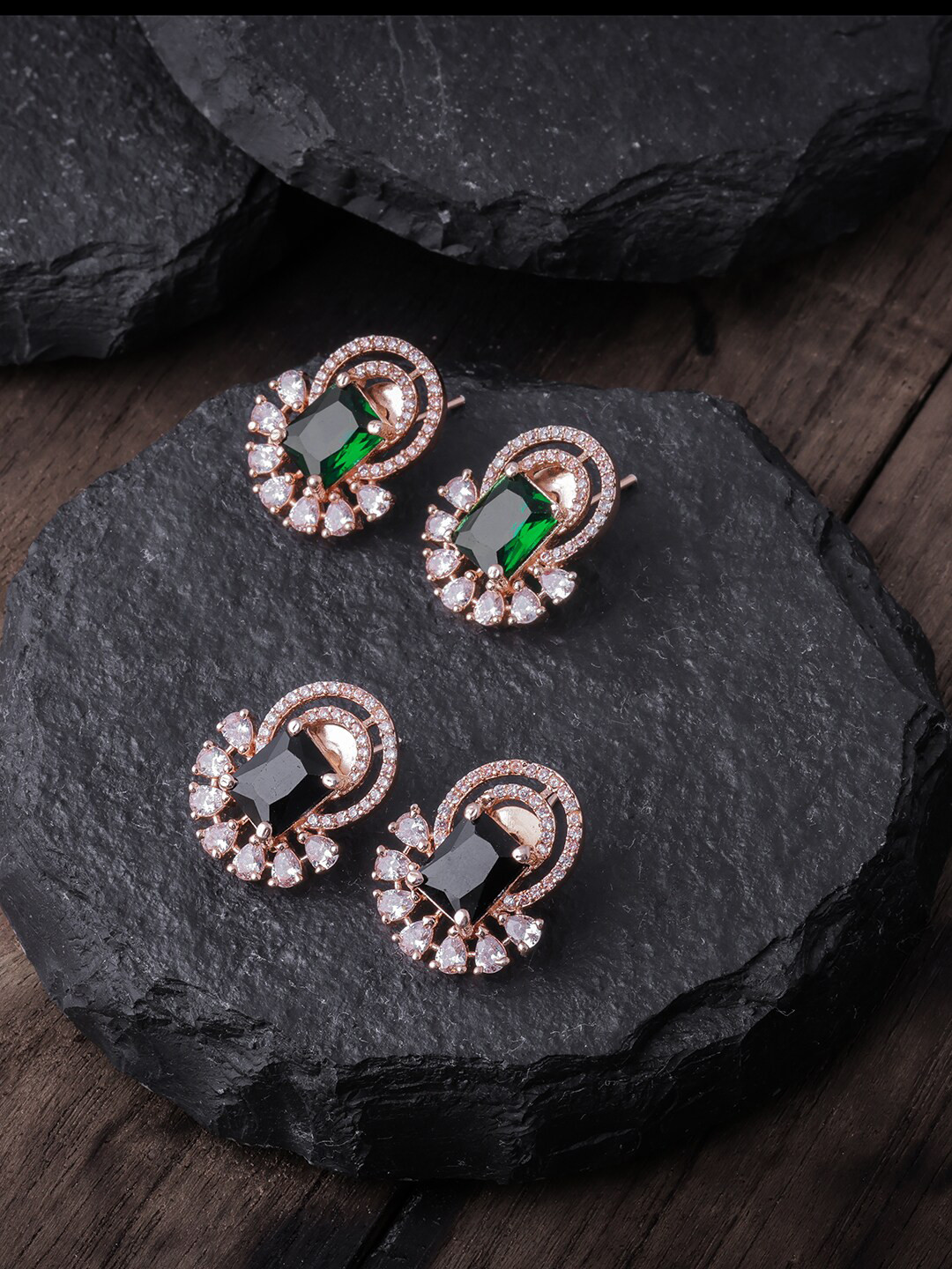 

Brandsoon Pack Of 2 White & Green Rose Gold-Plated AD-Studded Contemporary Studs Earrings