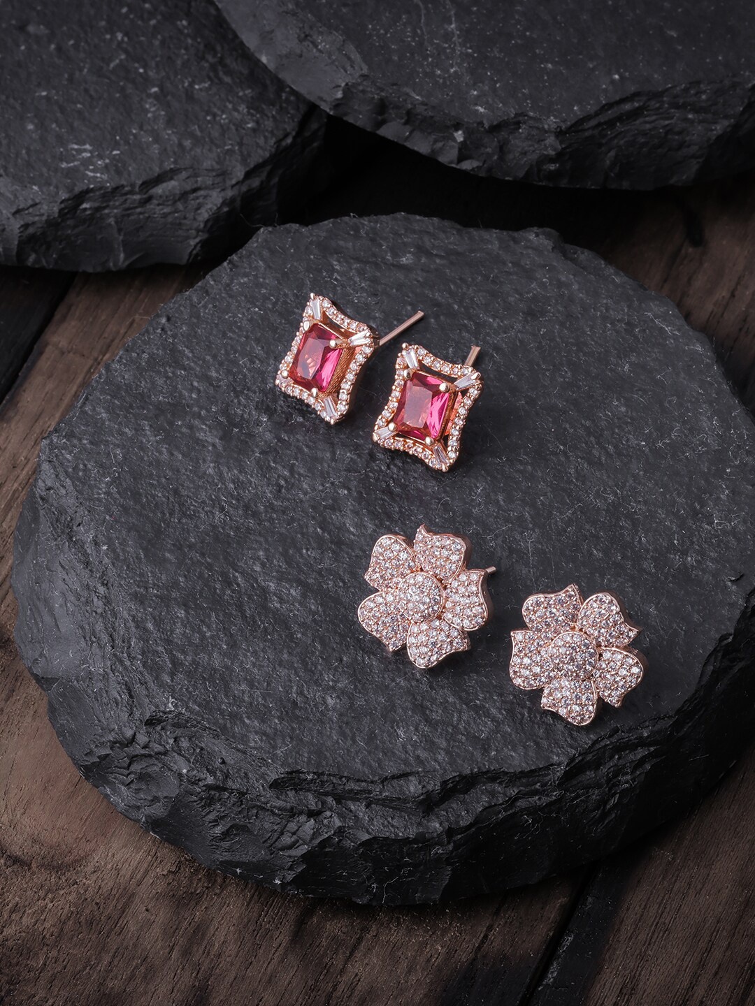 

Brandsoon Pack Of 2 Pink & White Rose Gold-Plated AD-Studded Floral Studs Earrings