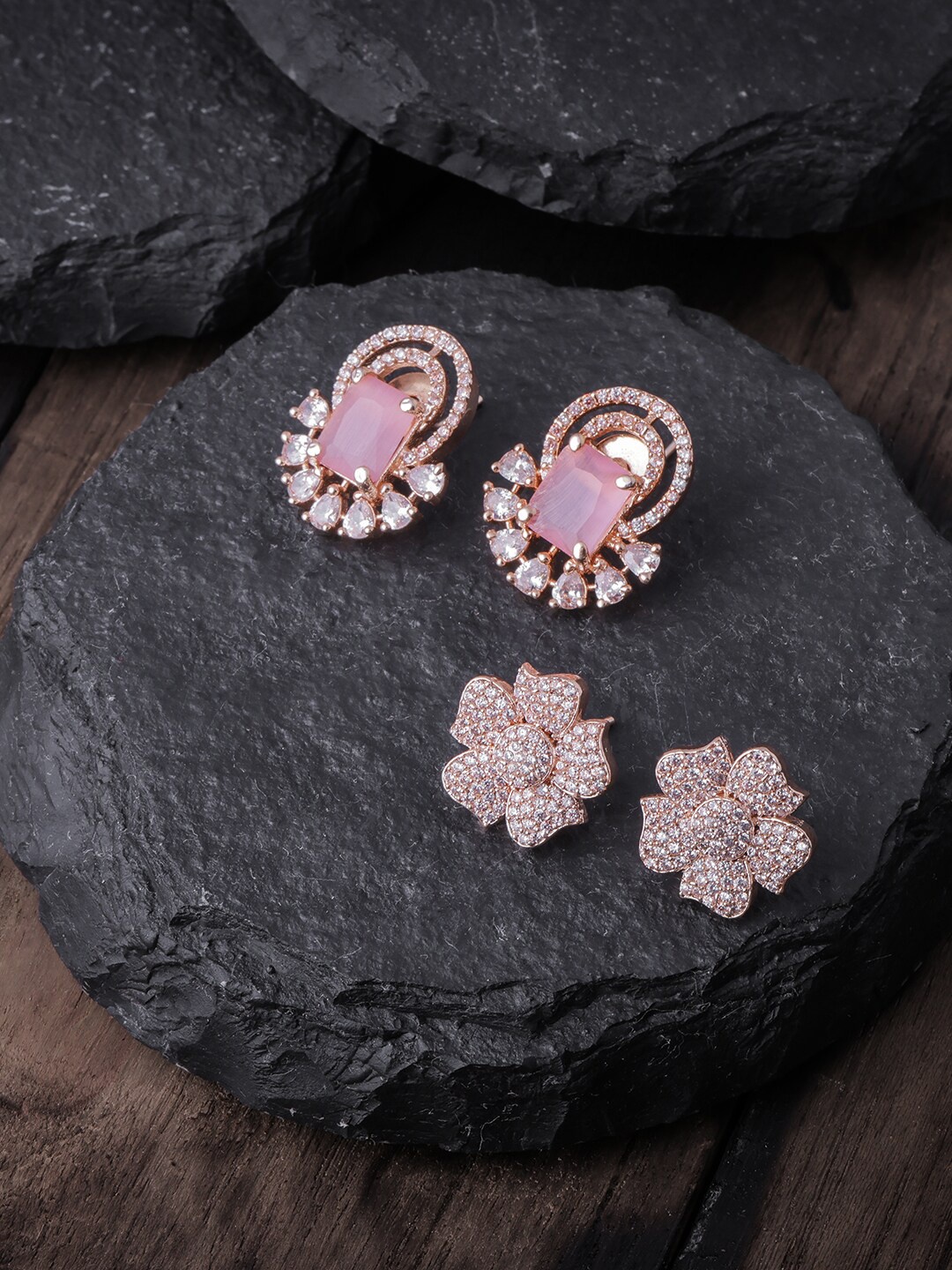 

Brandsoon Pack Of 2 Pink & White Rose Gold-Plated AD-Studded Floral Studs Earrings