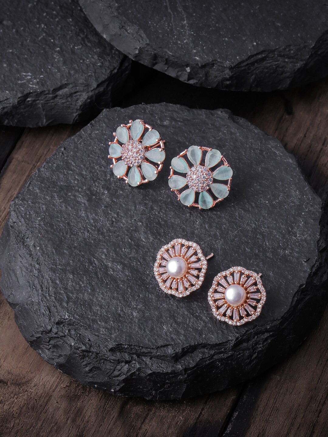 

Brandsoon Pack Of 2 Sea Green & White Rose Gold-Plated AD-Studded Floral Studs Earrings